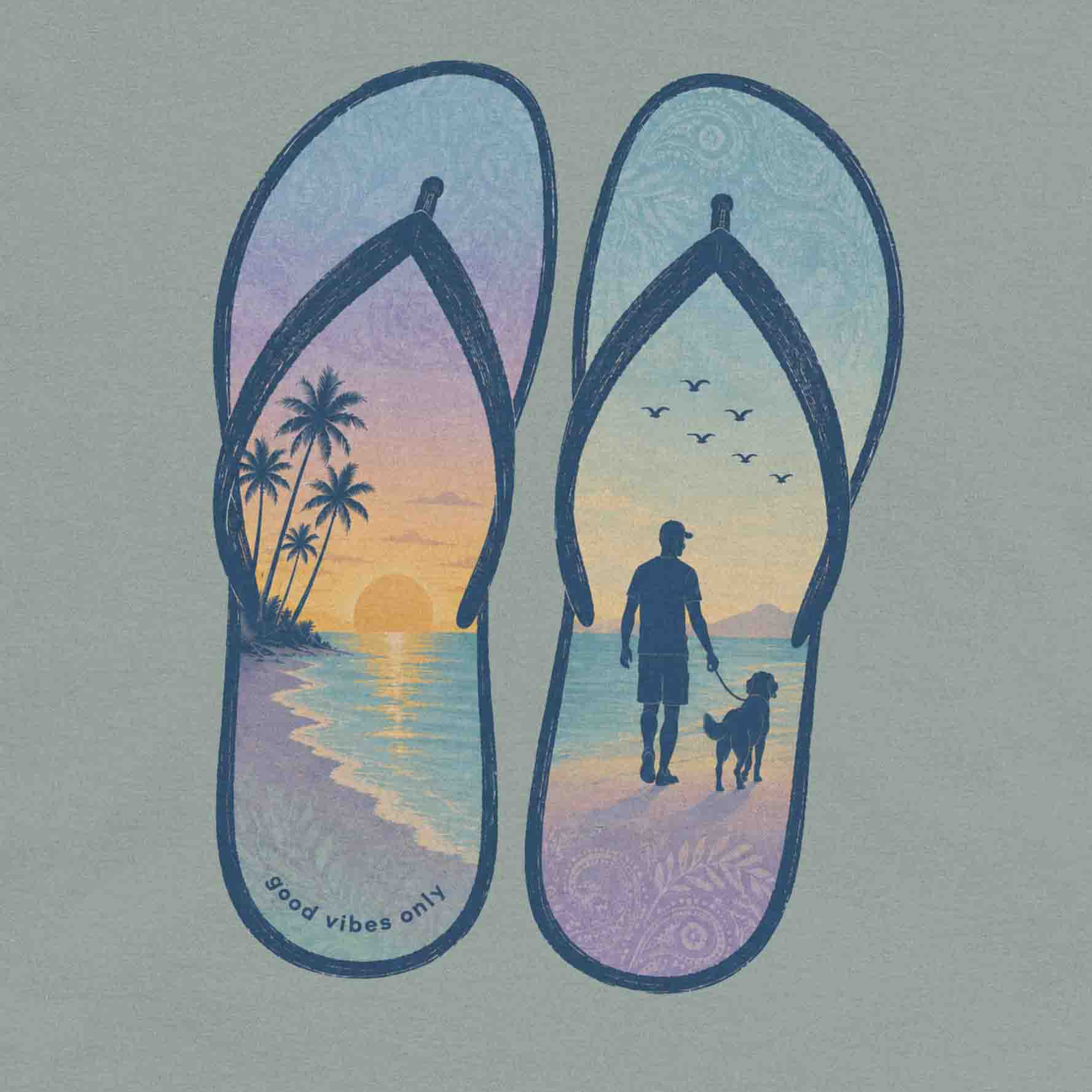 Men’s vacation graphic tee with good vibes only text and peaceful seaside sandal design