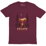 Men’s maroon graphic tee with Escape campfire forest design and Good Vibes Only text