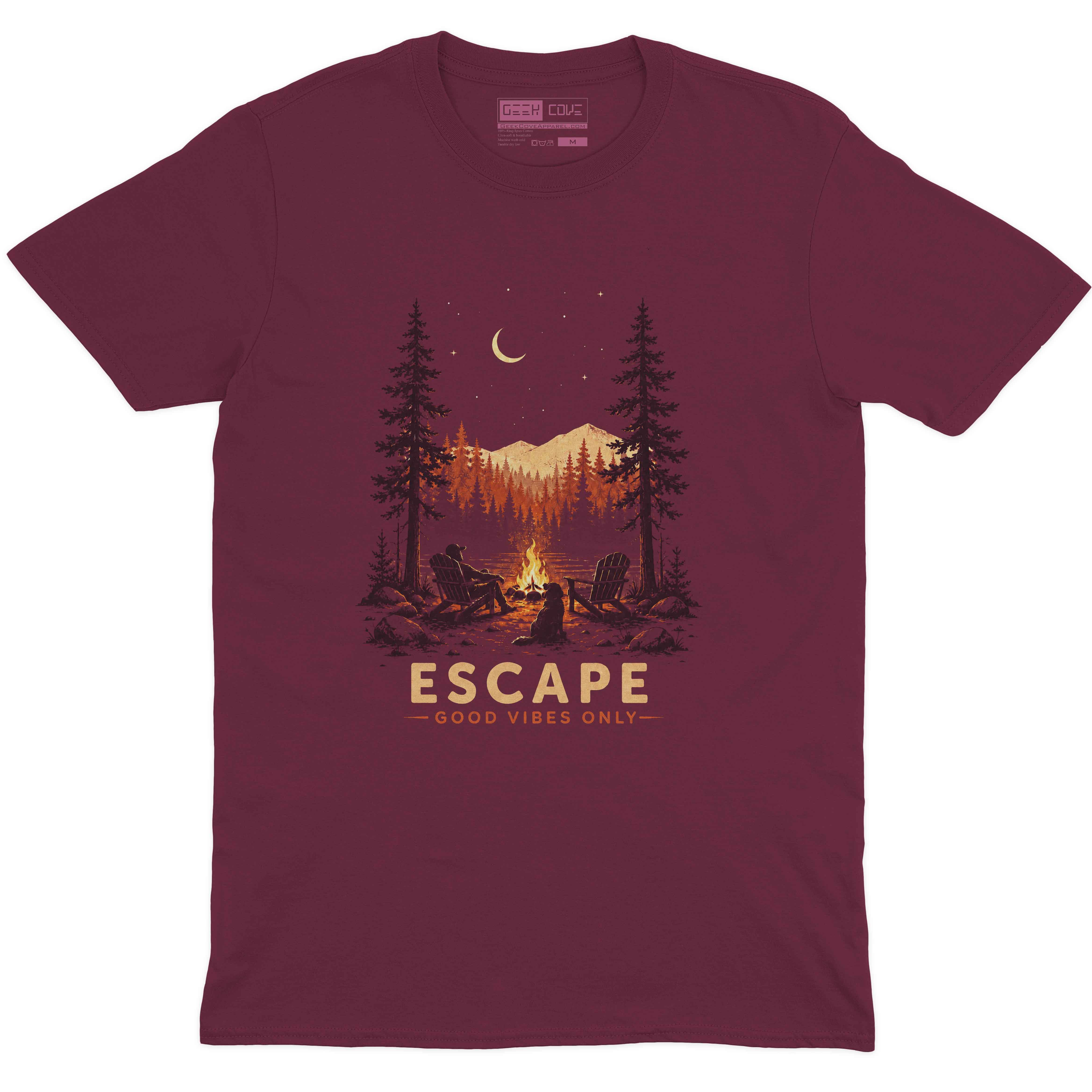 Men’s maroon graphic tee with Escape campfire forest design and Good Vibes Only text