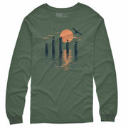 Men’s long sleeve T Shirt with seaside sunset, wooden pilings, seagulls, and ocean reflection