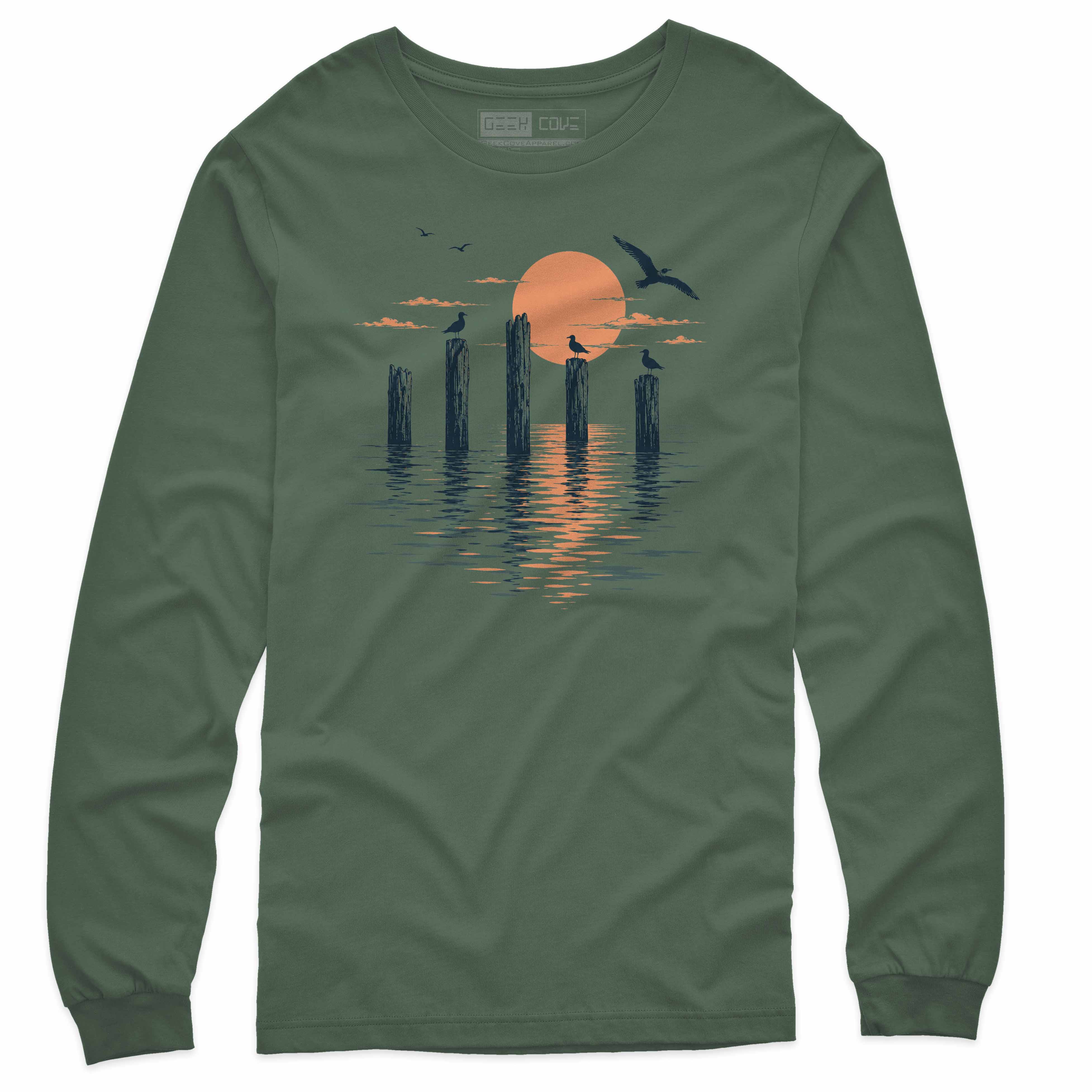 Men’s long sleeve T Shirt with seaside sunset, wooden pilings, seagulls, and ocean reflection