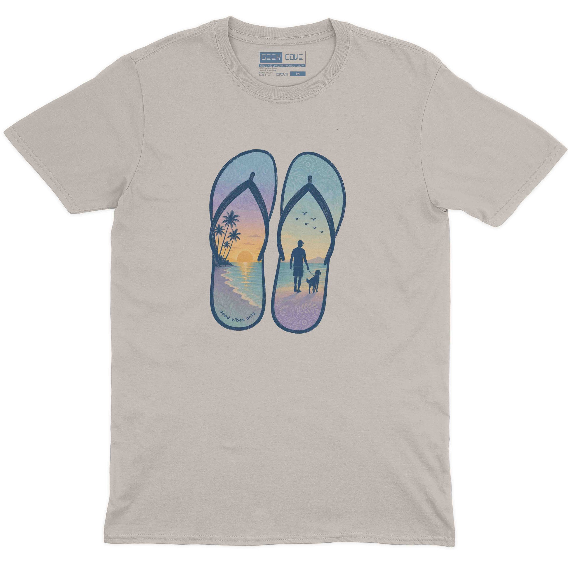Men’s summer tee shirt featuring palm trees, ocean sunset, and a man walking a dog