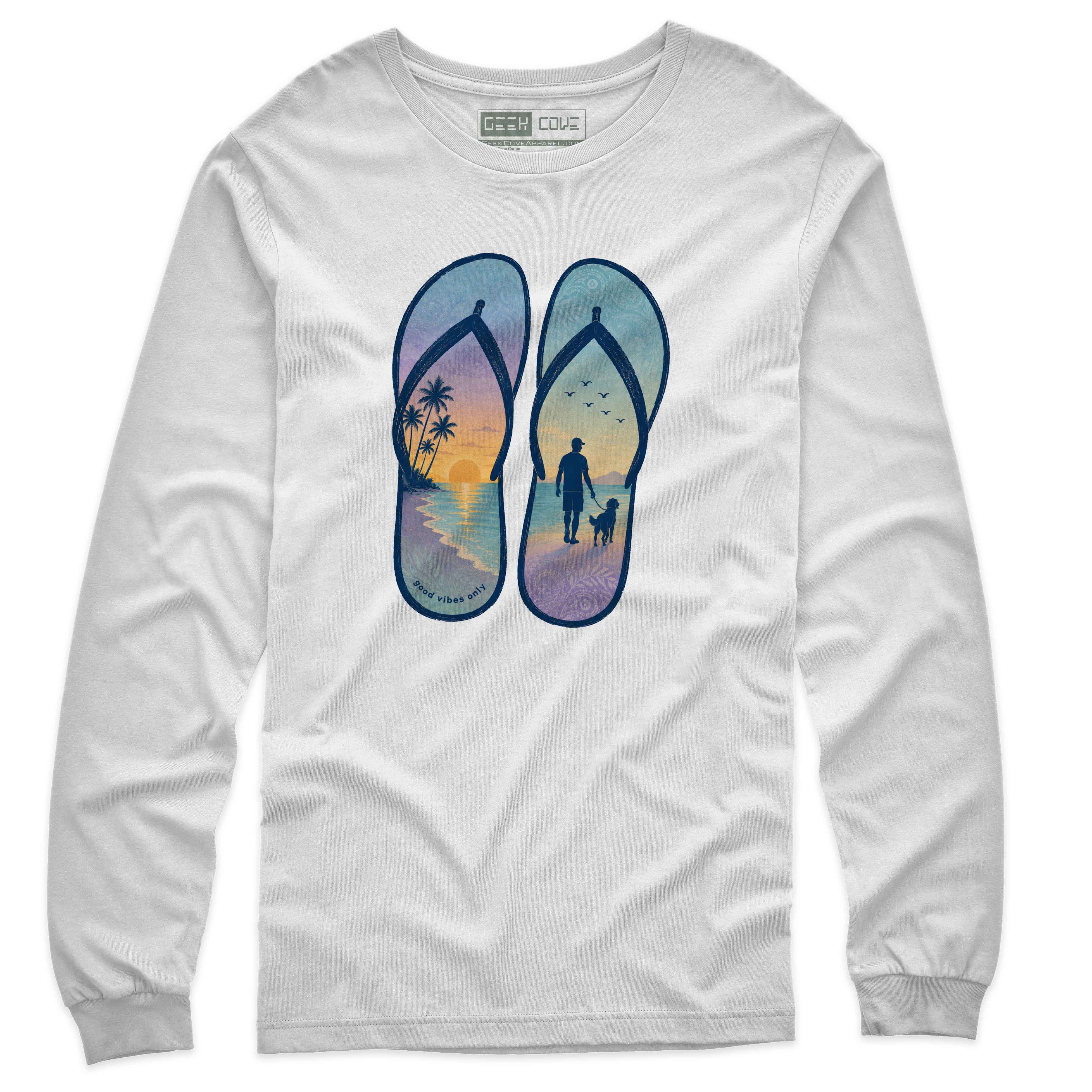 Men’s custom T Shirt with coastal sandals, sunset shoreline, birds, and dog walk scene