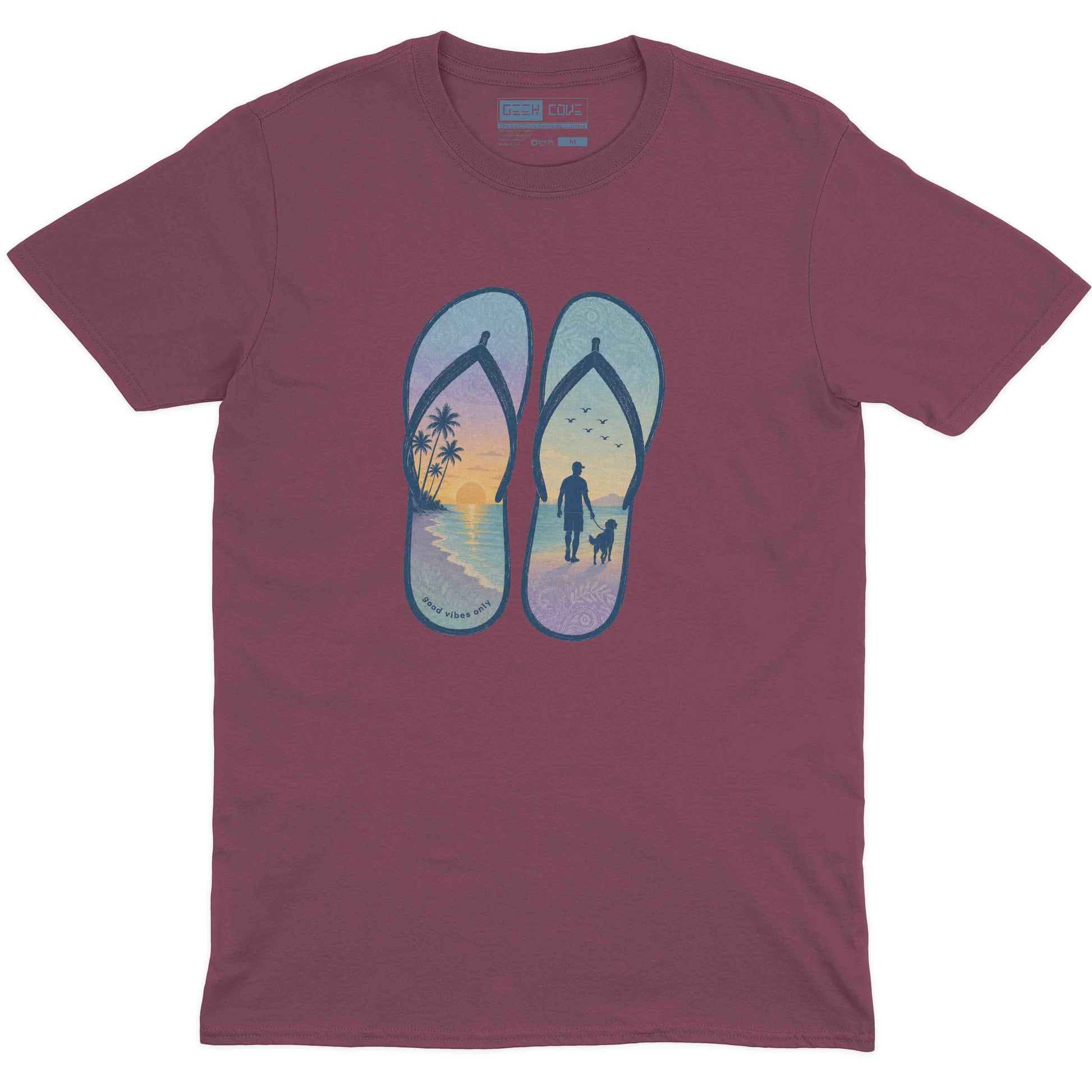 Men’s custom T Shirt with tropical sandals, sunset shoreline, birds, and dog walking scene