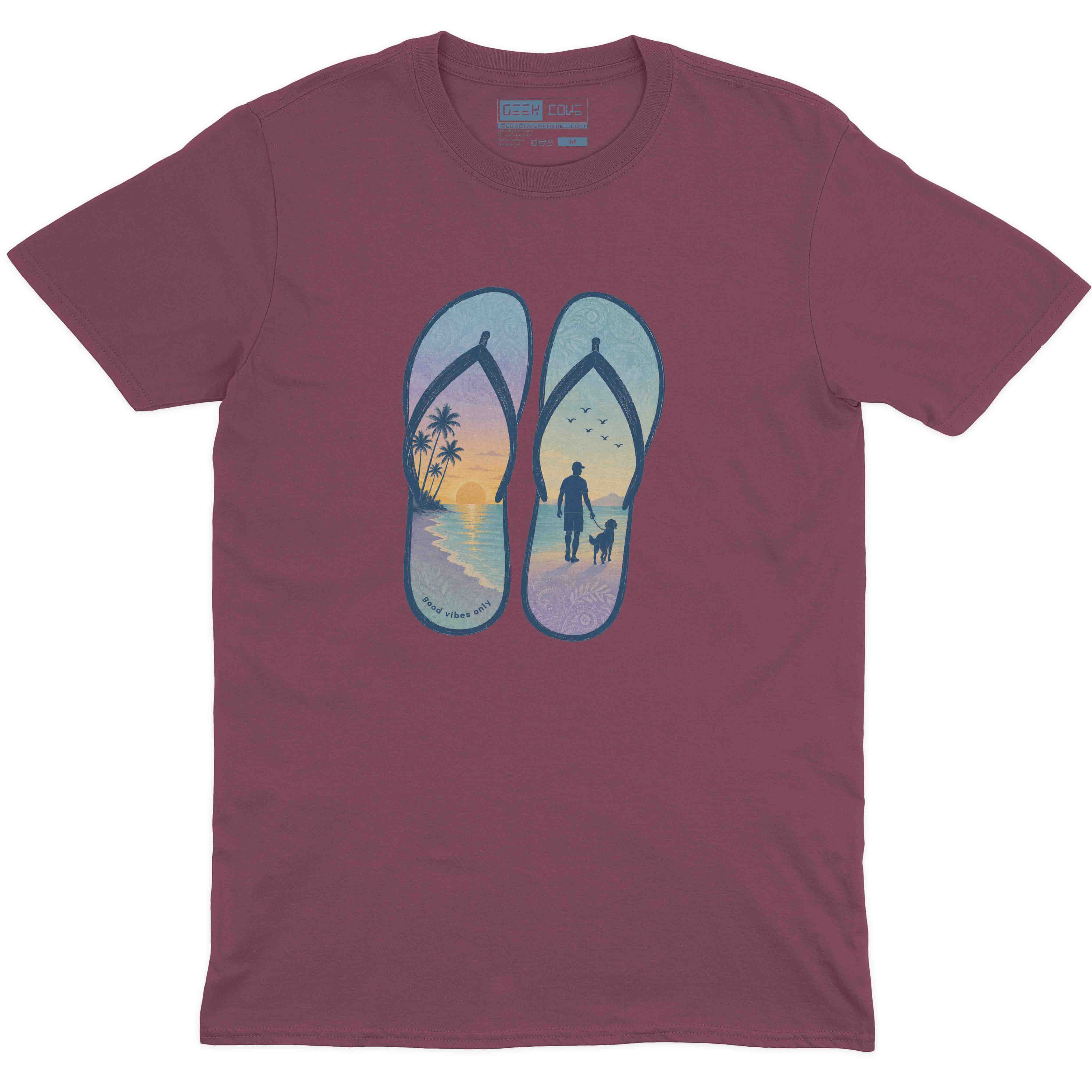Men’s custom T Shirt with tropical sandals, sunset shoreline, birds, and dog walking scene