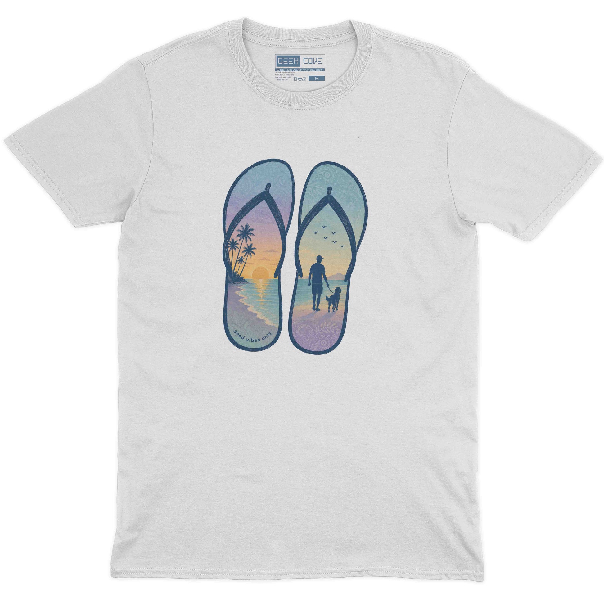 Men’s vintage beach T Shirt with navy flip flops and soft tropical sunset colors