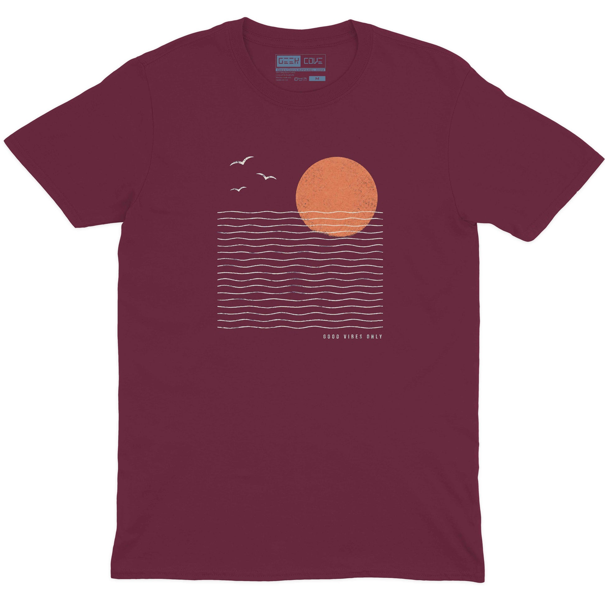 Men custom T shirt featuring vintage beach sunset art, wave lines, and minimalist coastal style