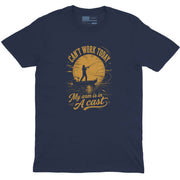Men’s navy fishing T Shirt with vintage sunset and fisherman casting artwork