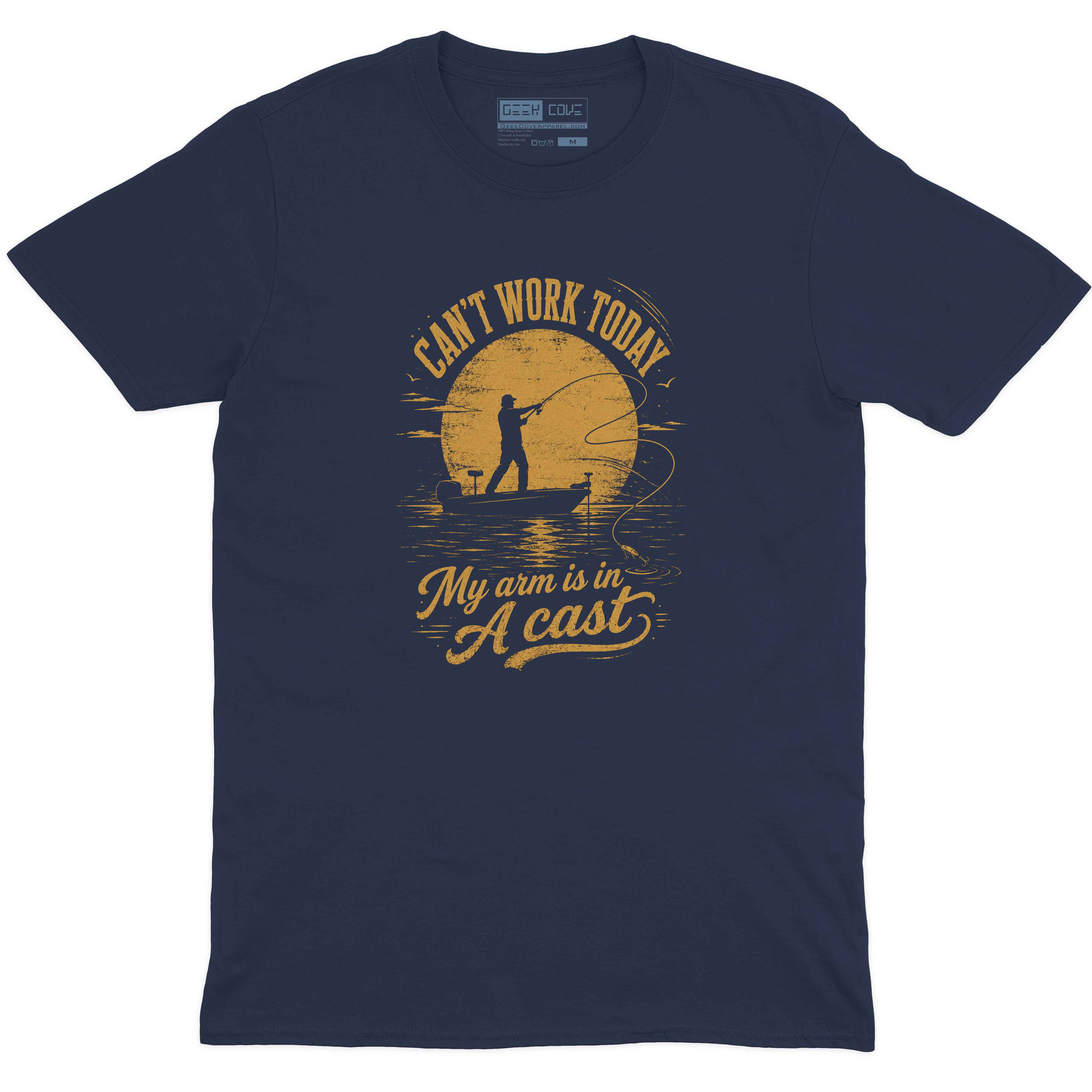 Men’s navy fishing T Shirt with vintage sunset and fisherman casting artwork