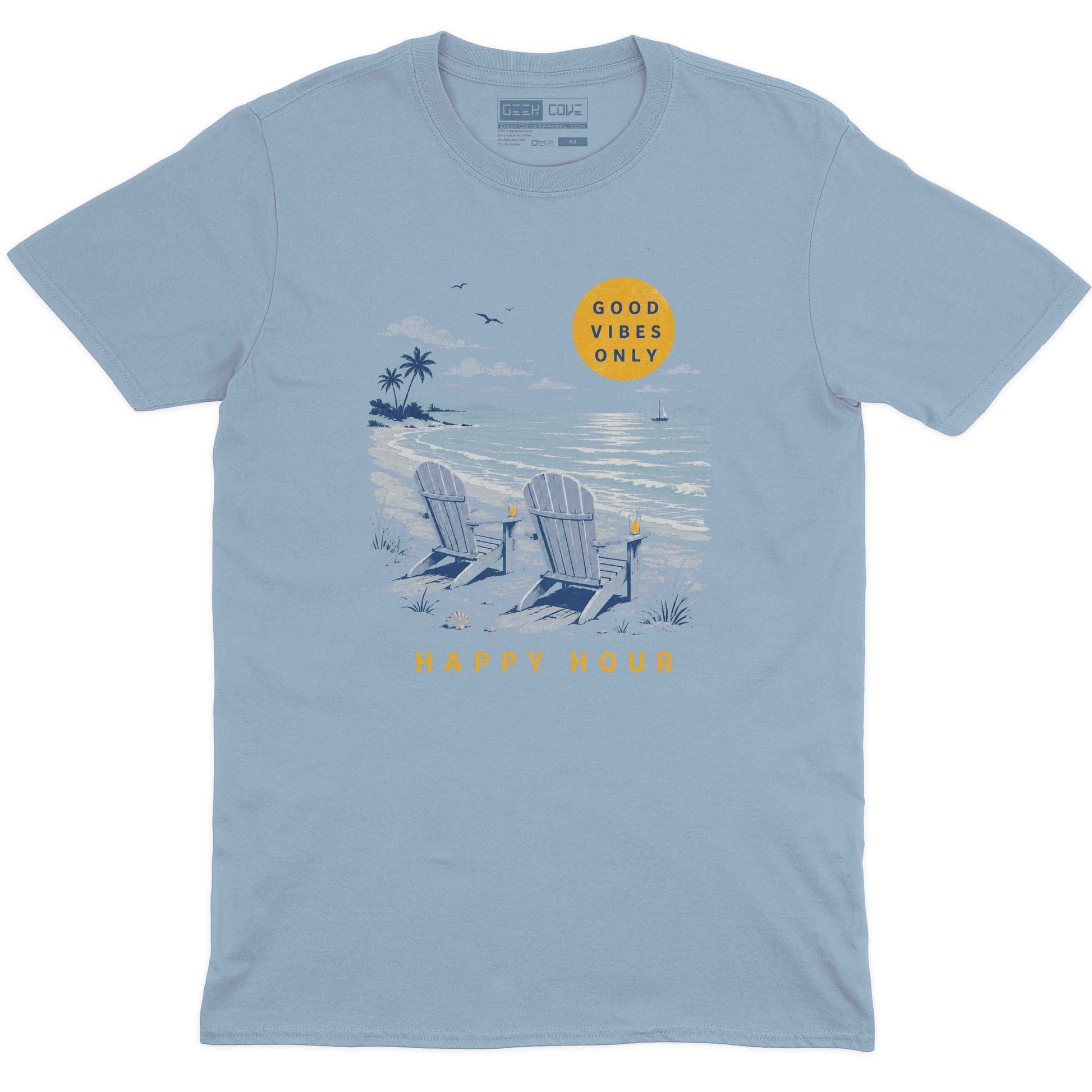 Coastal graphic tee for men featuring two Adirondack chairs facing the ocean with Happy Hour text