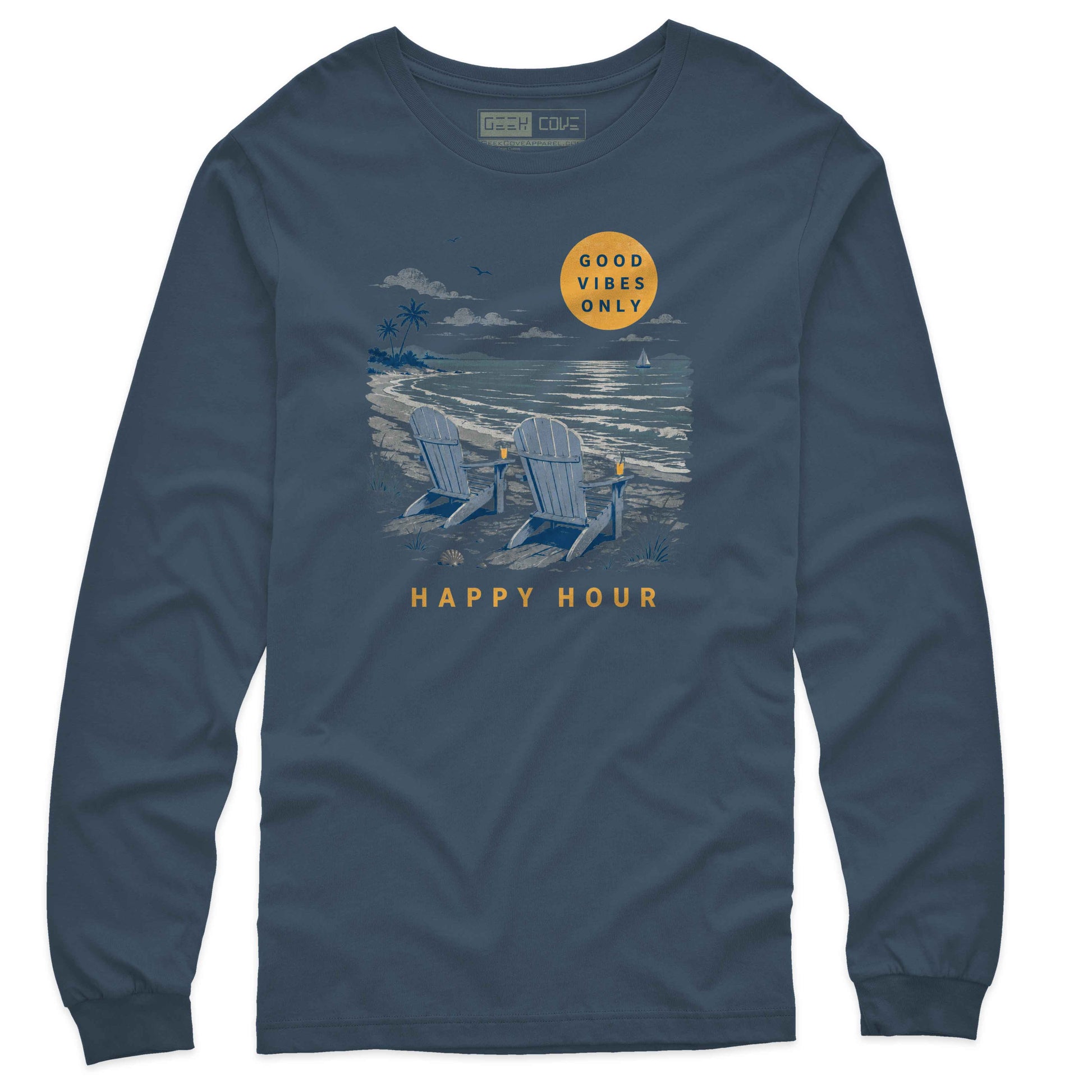 Men’s beach vacation long sleeve tee with Good Vibes Only sun, waves, palms, and relaxed chair artwork