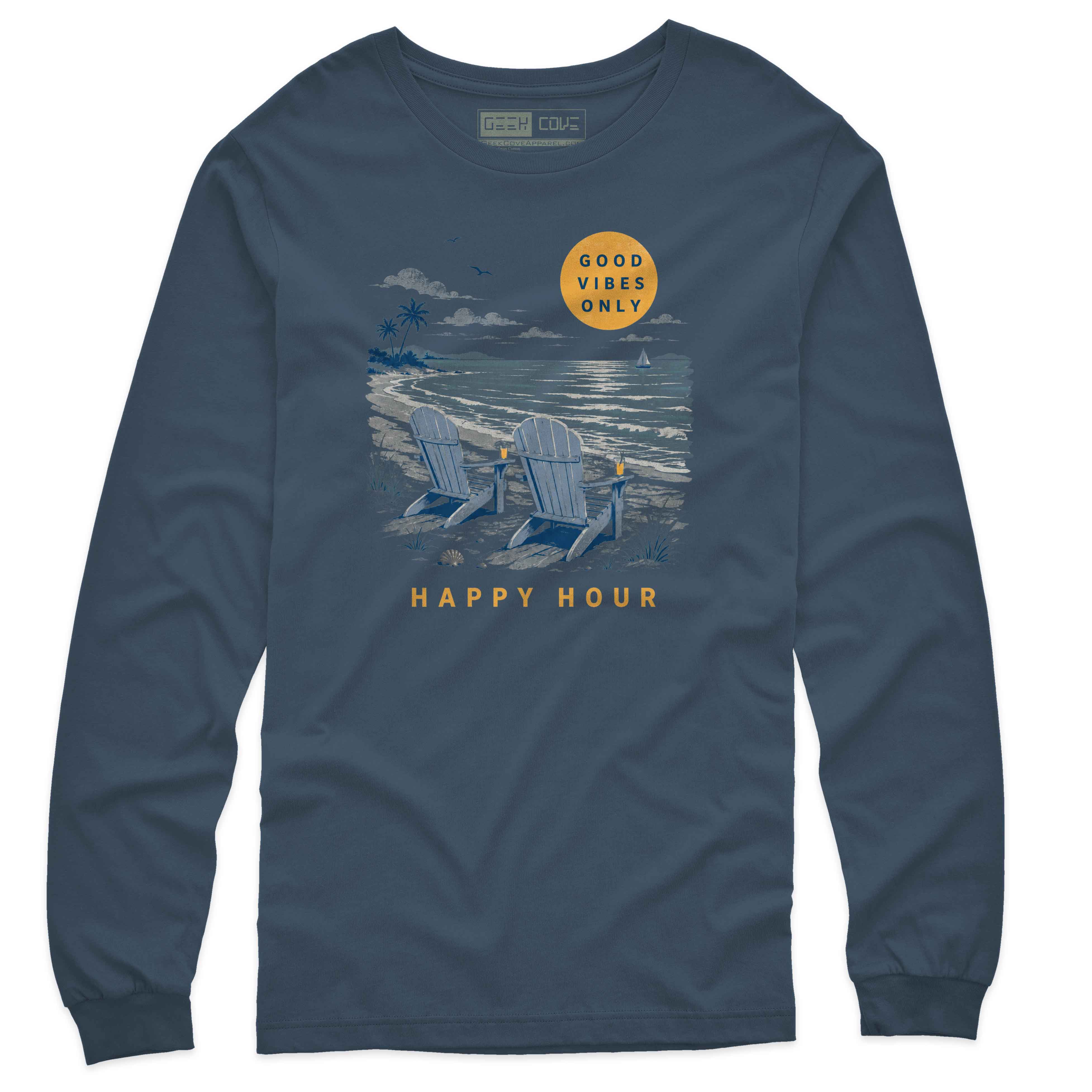 Men’s beach vacation long sleeve tee with Good Vibes Only sun, waves, palms, and relaxed chair artwork