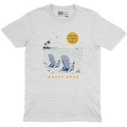 Men’s light blue T shirt with Happy Hour beach chairs, ocean waves, palm trees, and sunset graphic