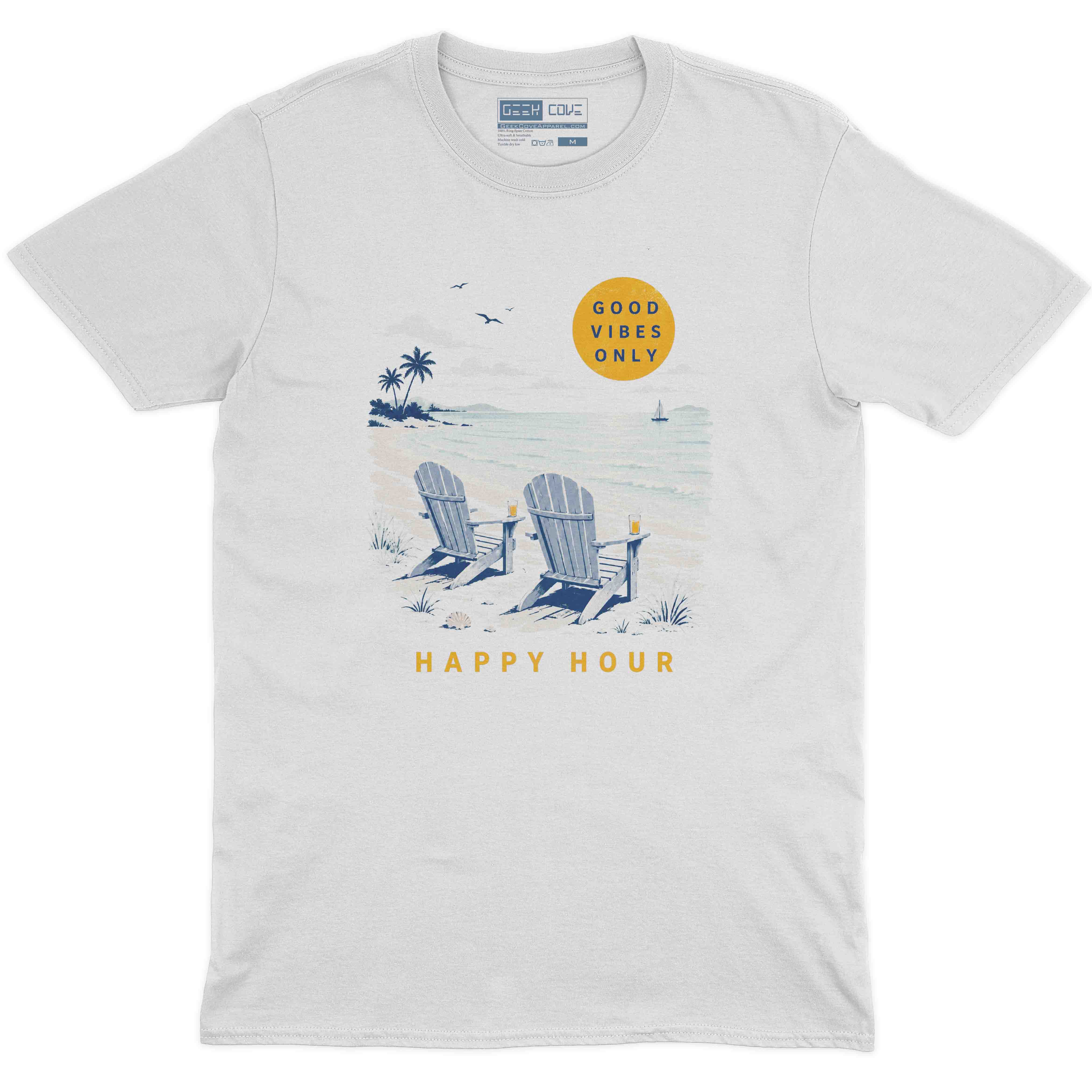 Men’s light blue T shirt with Happy Hour beach chairs, ocean waves, palm trees, and sunset graphic