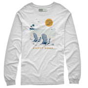 Men’s indigo long sleeve T shirt with Happy Hour beach chairs, ocean waves, palm trees, and sunset graphic