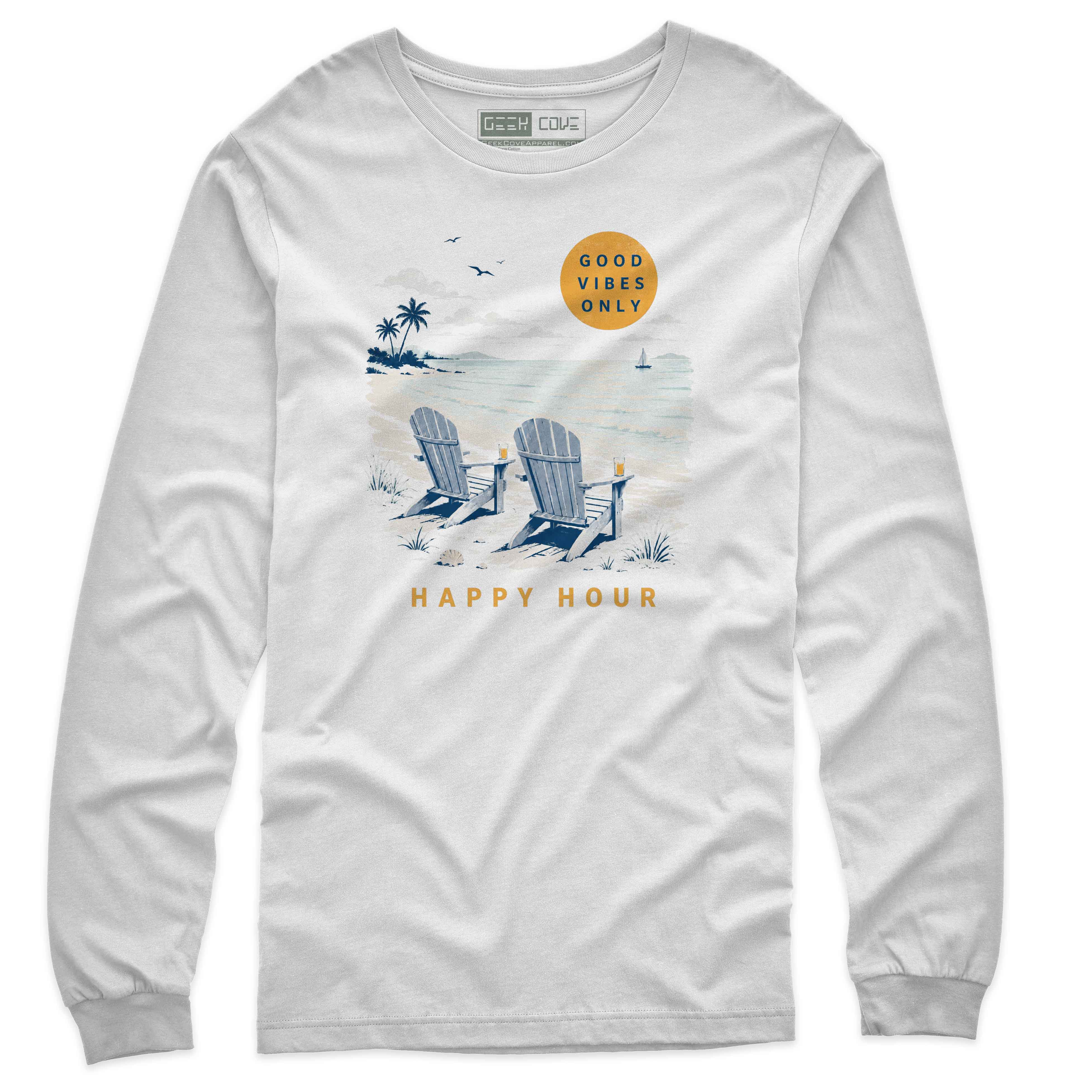 Men’s indigo long sleeve T shirt with Happy Hour beach chairs, ocean waves, palm trees, and sunset graphic