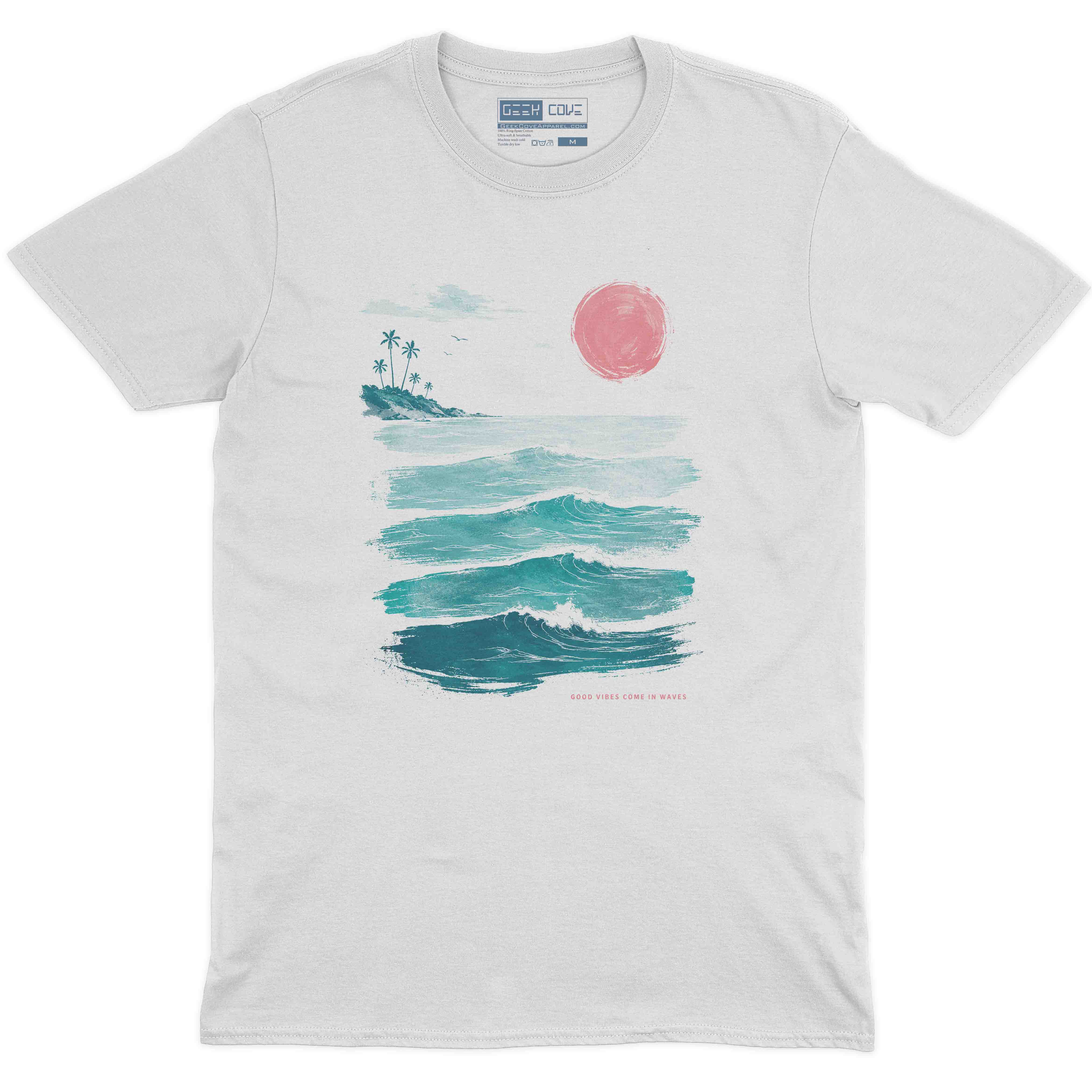 Beach-inspired men’s graphic tee featuring teal waves, island palms, and soft vintage sunset design.