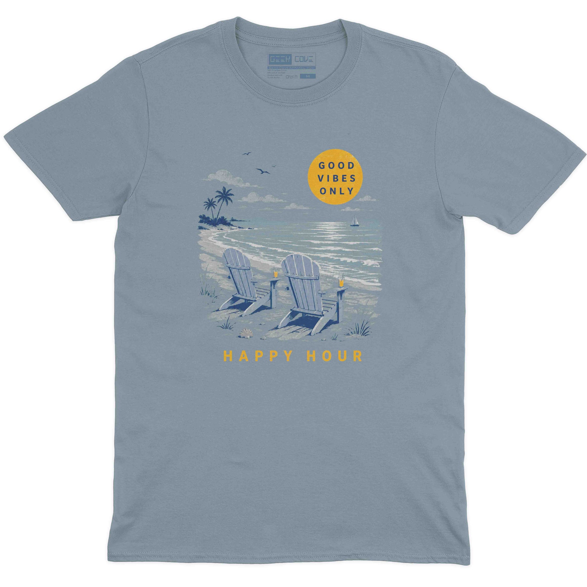 Men’s custom t shirt with coastal beach scene, two chairs, tropical palms, and soft sunset colors