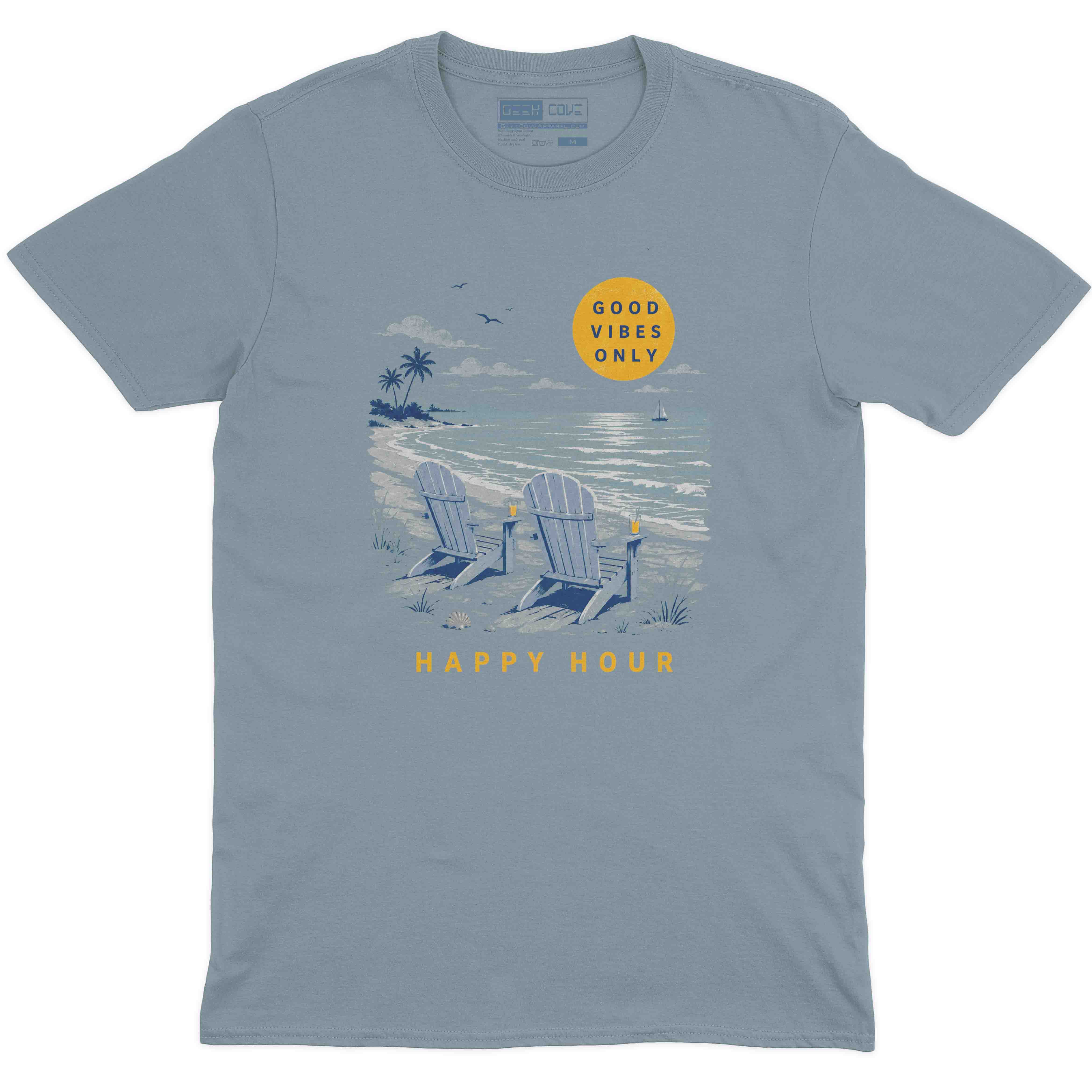 Men’s custom t shirt with coastal beach scene, two chairs, tropical palms, and soft sunset colors