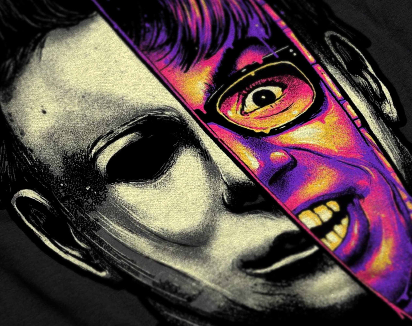 eye-catching horror film tee with faces of famous movie killers michael myers and norman bates in a unique artistic representation.