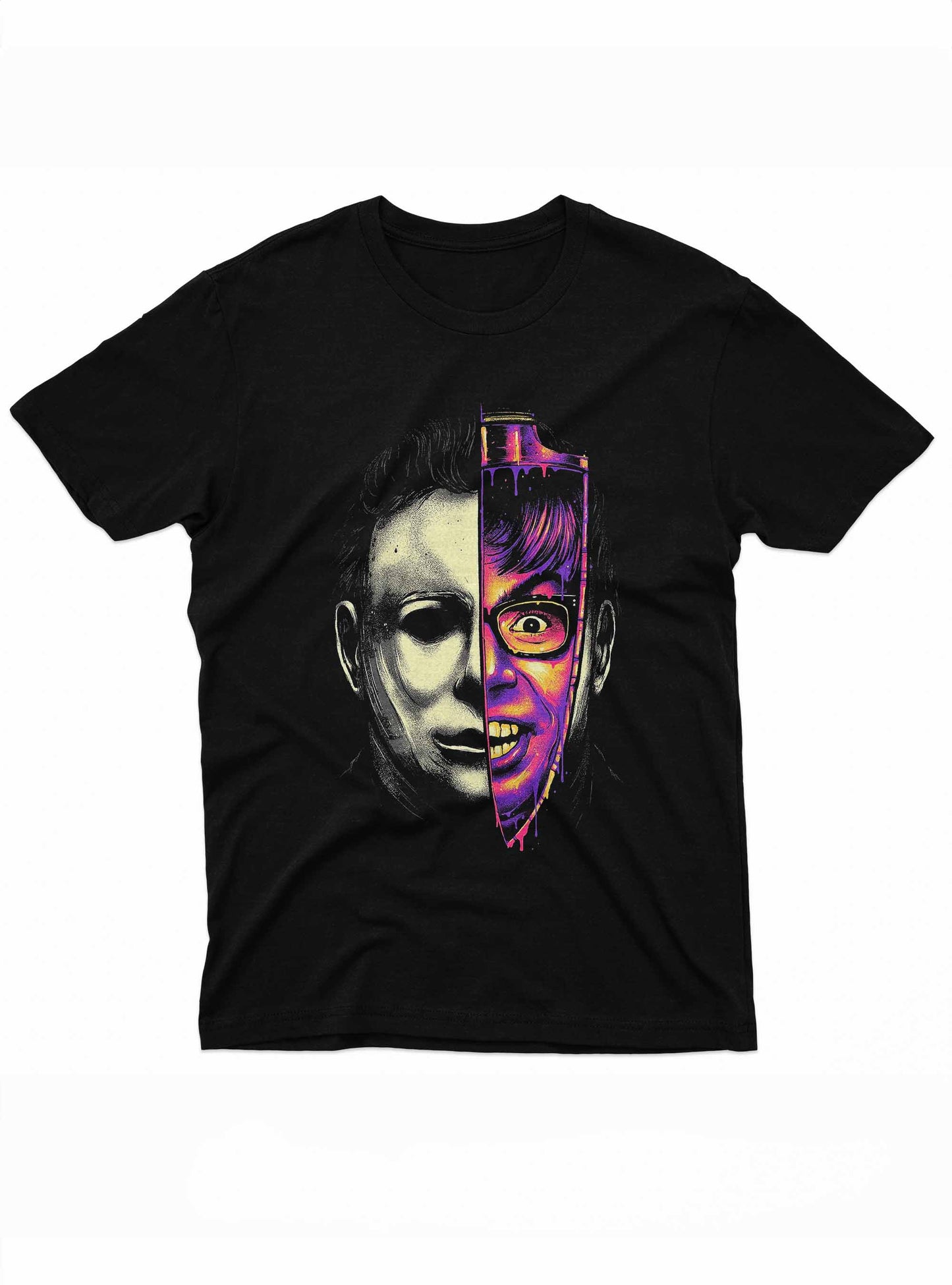 men's black t-shirt featuring a split-face design with michael myers on one side and norman bates on the other, highlighted in neon colors.