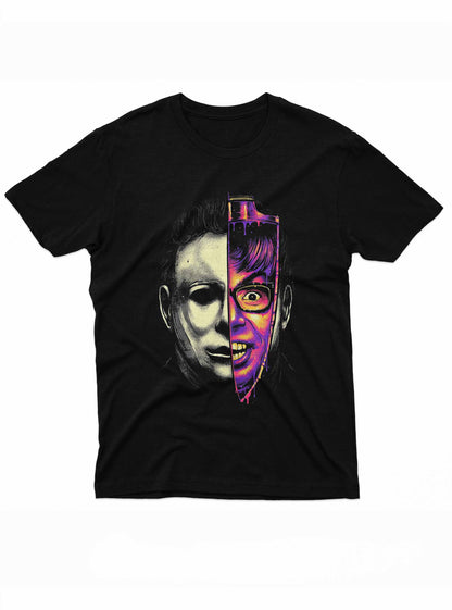 Men's black T-shirt featuring a split-face design with Michael Myers on one side and Norman Bates on the other, highlighted in neon colors.