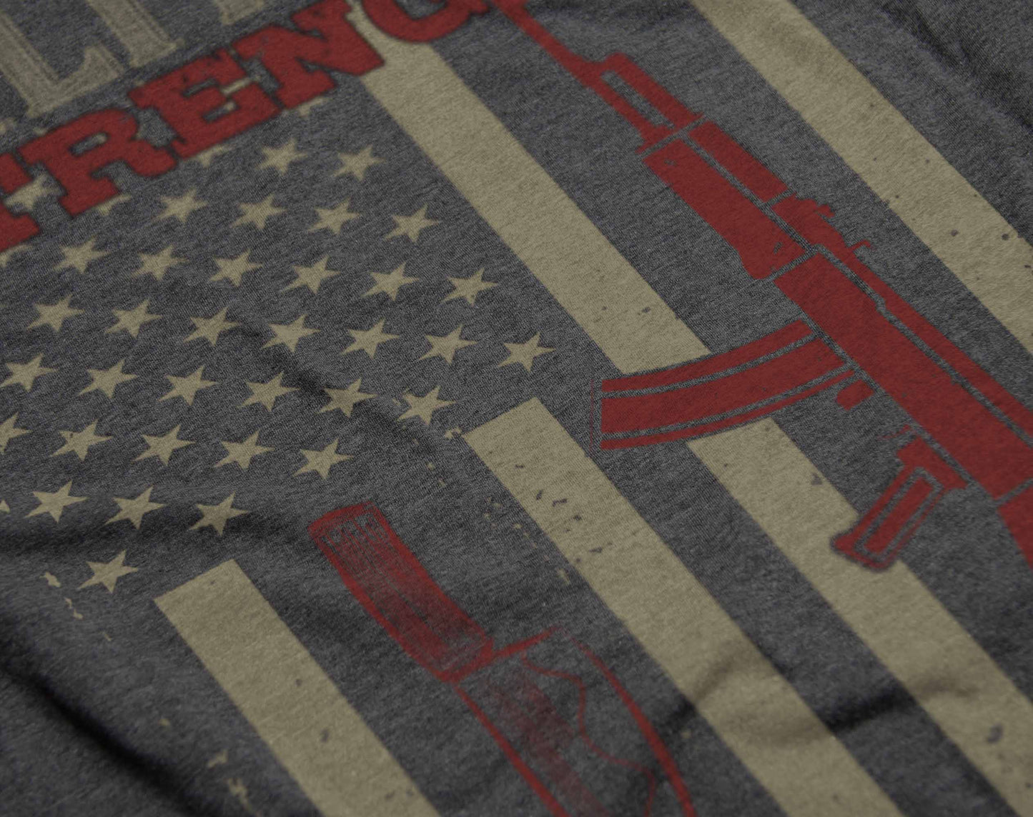 a t-shirt design that incorporates military elements, showcasing a red rifle and combat knife superimposed on an american flag. the background is dark, and the text "military strength" is displayed in an aged, impactful font above the graphic.