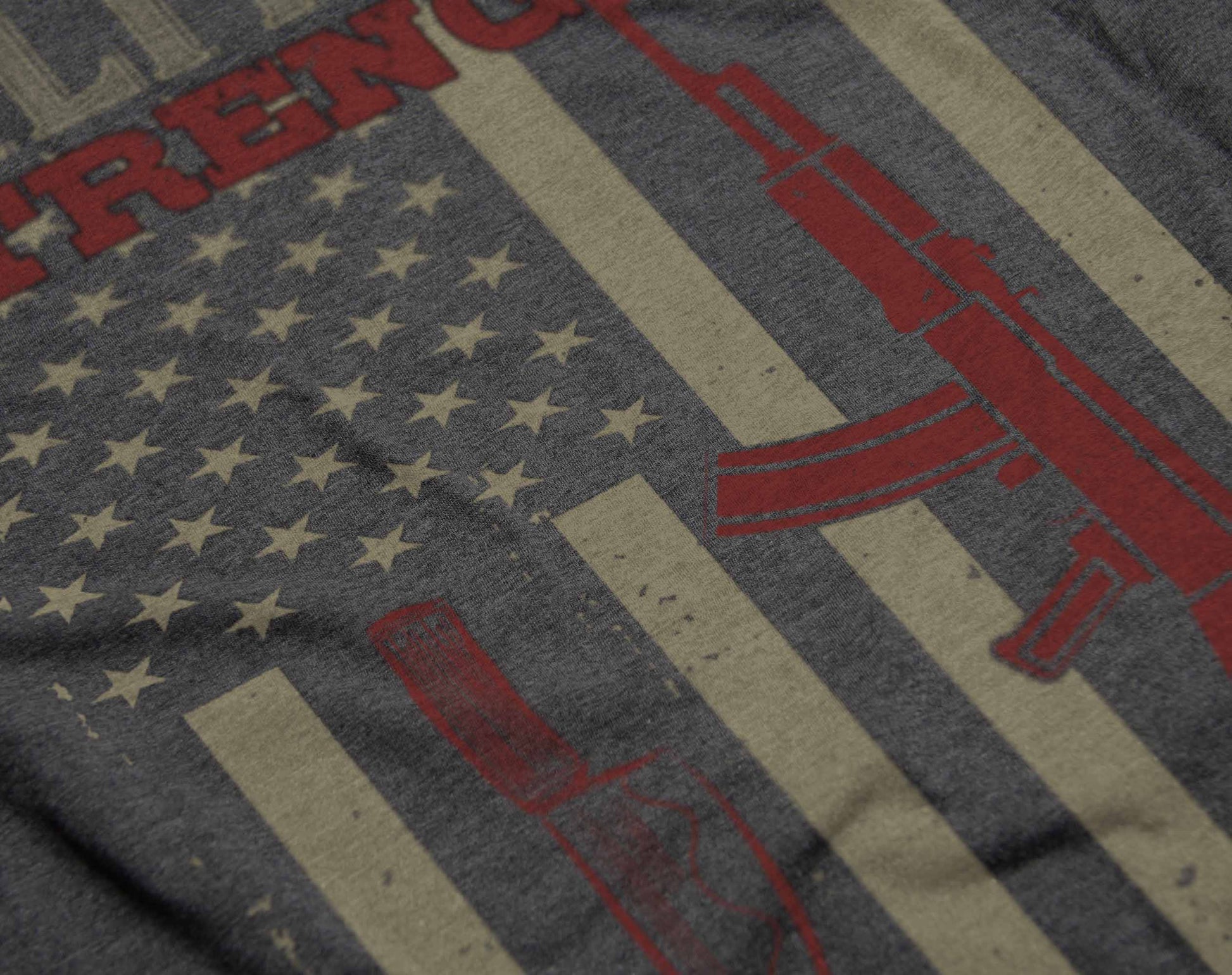 A t-shirt design that incorporates military elements, showcasing a red rifle and combat knife superimposed on an American flag. The background is dark, and the text "Military Strength" is displayed in an aged, impactful font above the graphic.