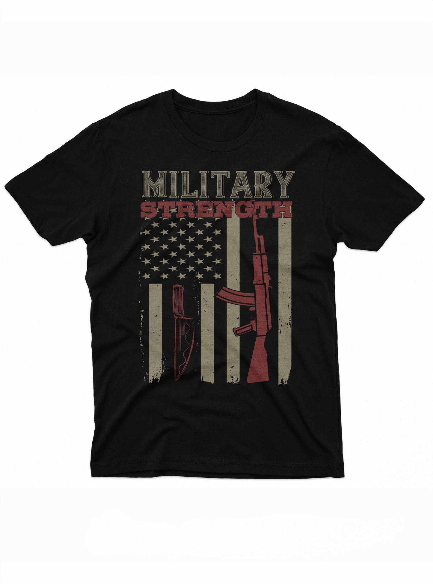 the image features a t-shirt design with the words "military strength" in bold letters at the top. below, a stylized american flag serves as the backdrop for a prominent rifle and a combat knife silhouetted in red.