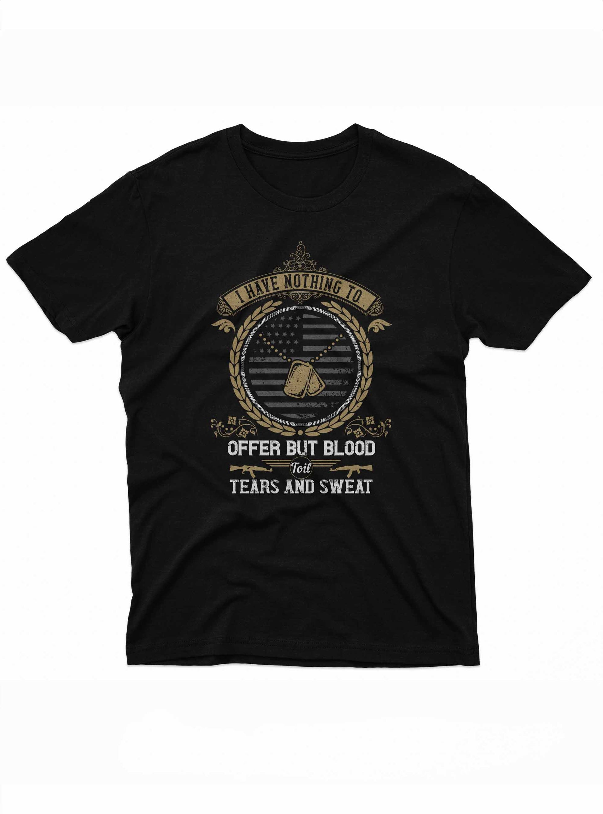 Black T-shirt with a centered design featuring a muted American flag, dog tags, and military-style quote text.