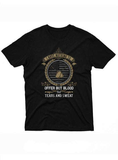 Black T-shirt with a centered design featuring a muted American flag, dog tags, and military-style quote text.
