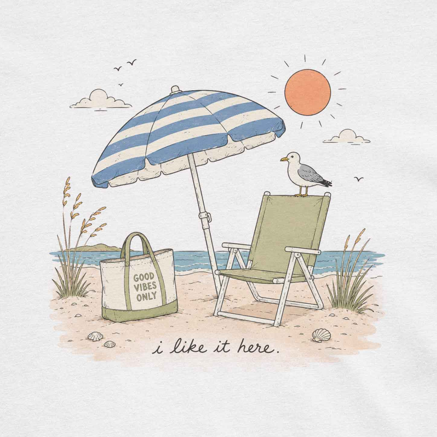 Good Vibes Only graphic tee with beach chair, tote bag, seagull, seashells, and soft coastal colors.