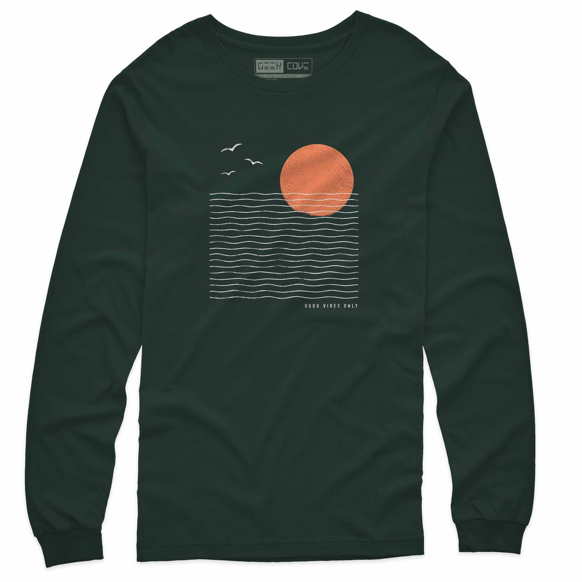 Navy long sleeve tee with minimalist beach sunset graphic and clean t shirt printing style