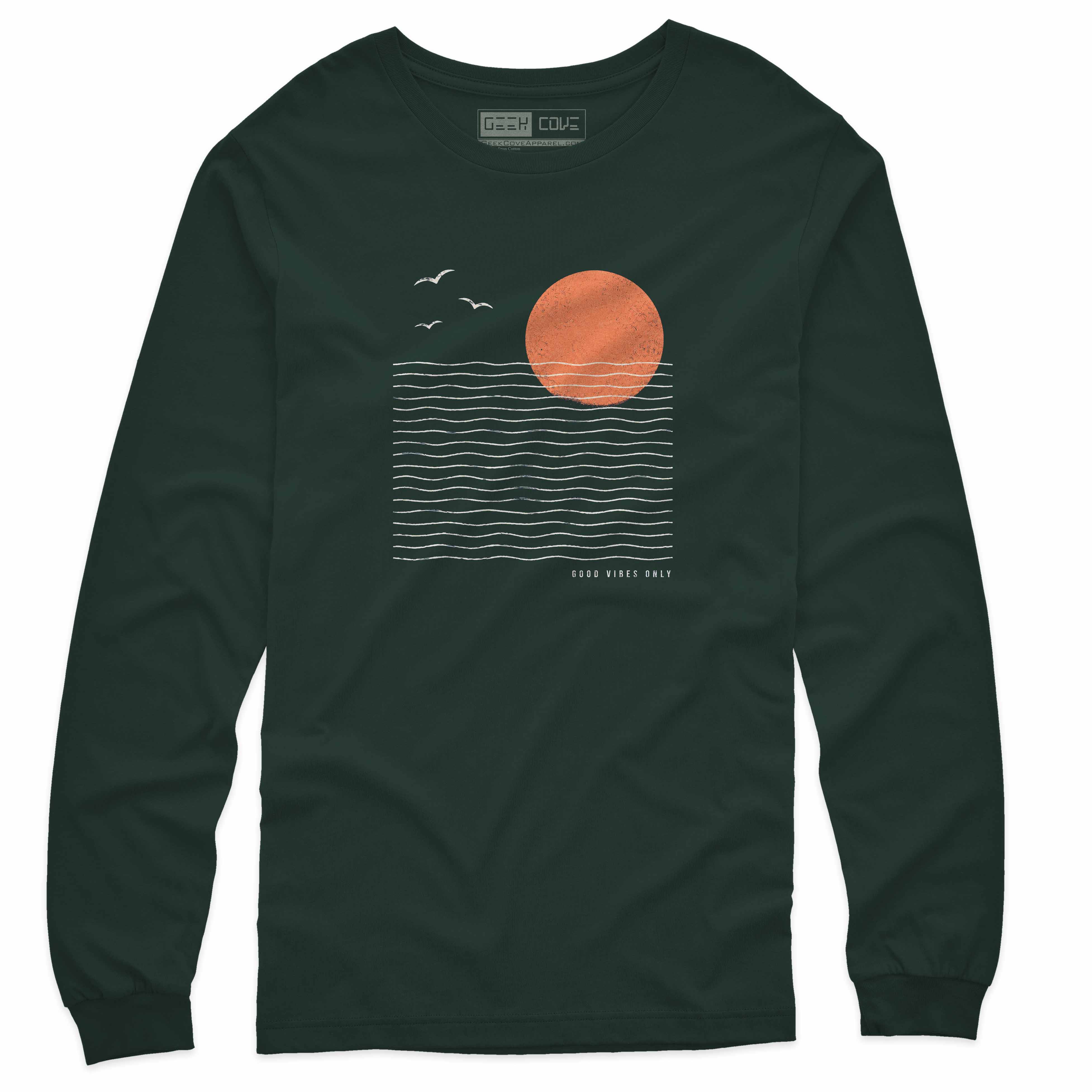 Navy long sleeve tee with minimalist beach sunset graphic and clean t shirt printing style