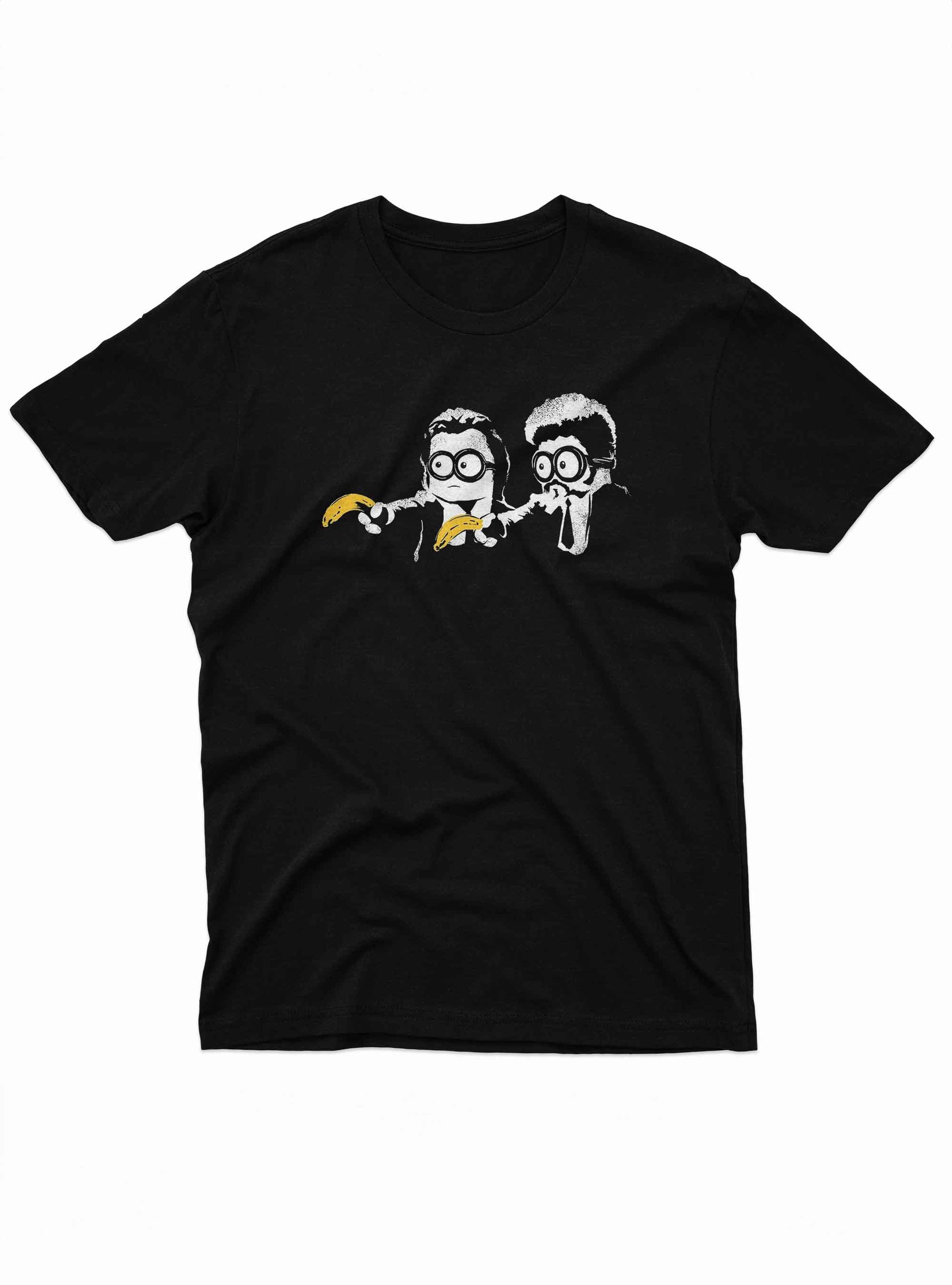 Two Minions dressed as Pulp Fiction characters Jules and Vincent, holding bananas instead of guns.