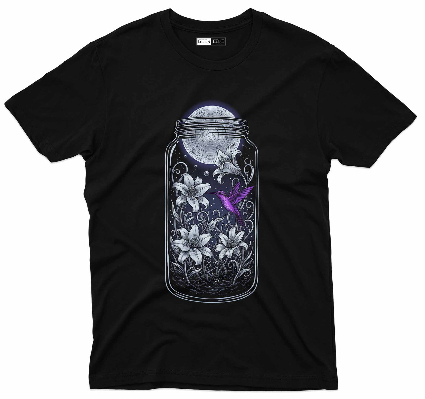 unisex graphic tee featuring moon in a jar with flowers and hummingbird