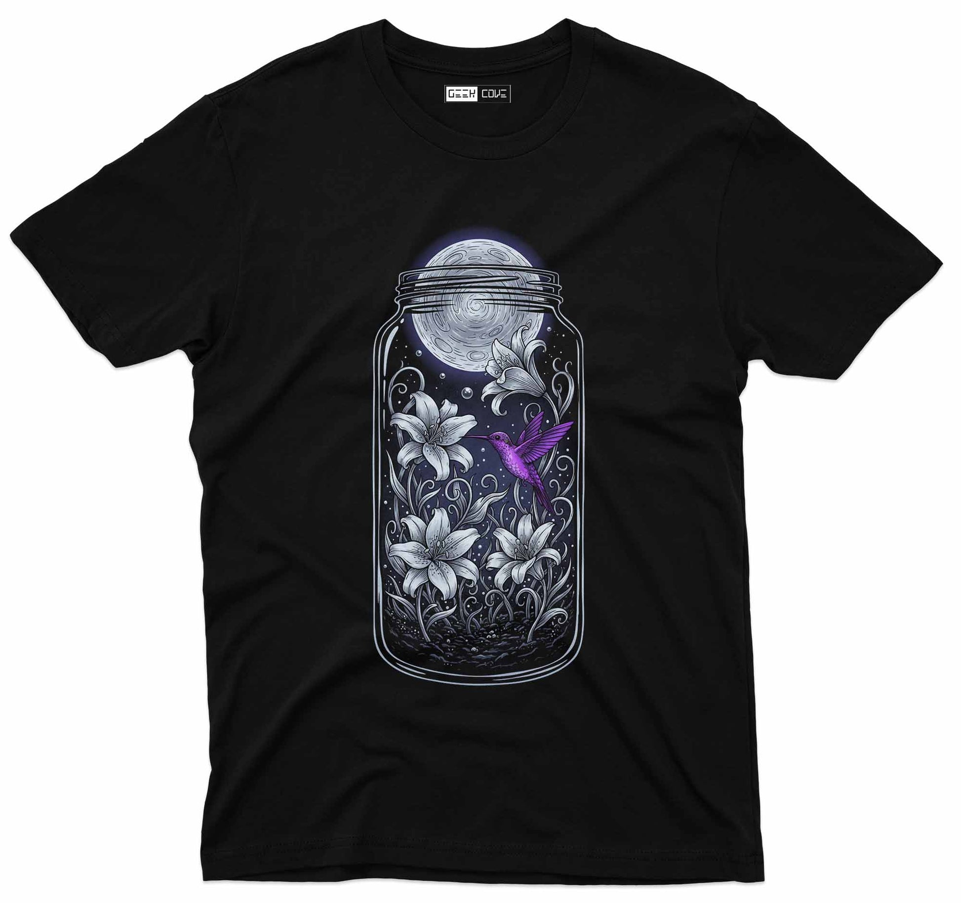 Unisex graphic tee featuring moon in a jar with flowers and hummingbird