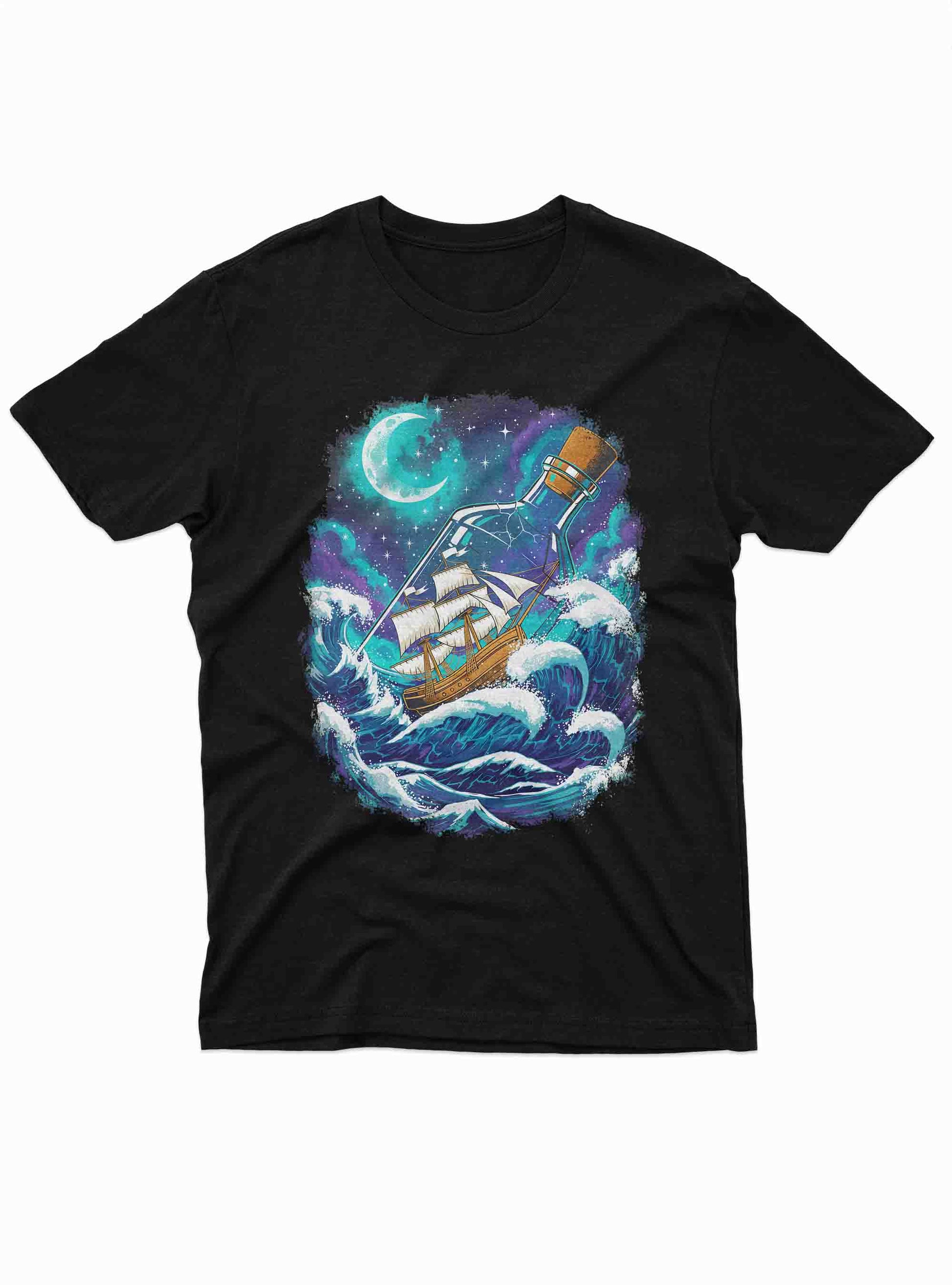 black t shirt with ship sailing in bottle under glowing moon and ocean waves