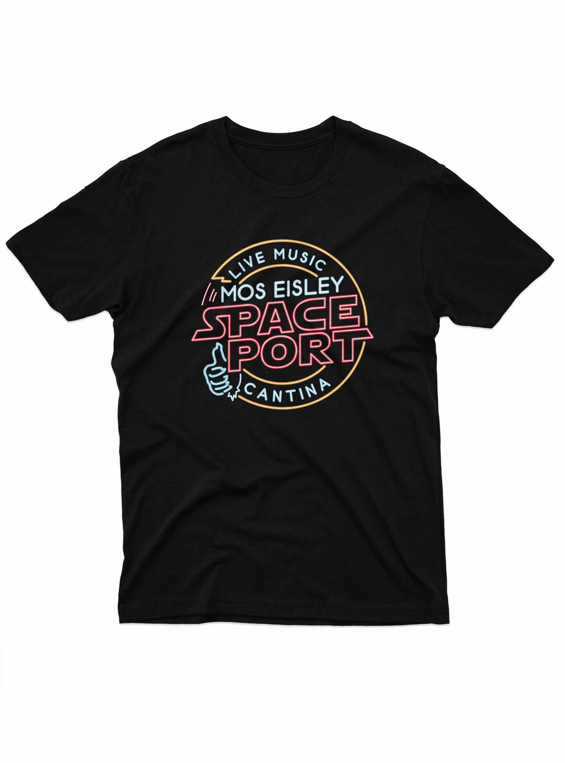 Graphic t-shirt with bold, colorful lettering promoting the fictional Mos Eisley Spaceport Cantina, styled like a neon sign from a sci-fi dive bar.