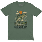 Mountain Bass Good Vibes men’s crew neck tee in military green with bass fishing mountain graphic