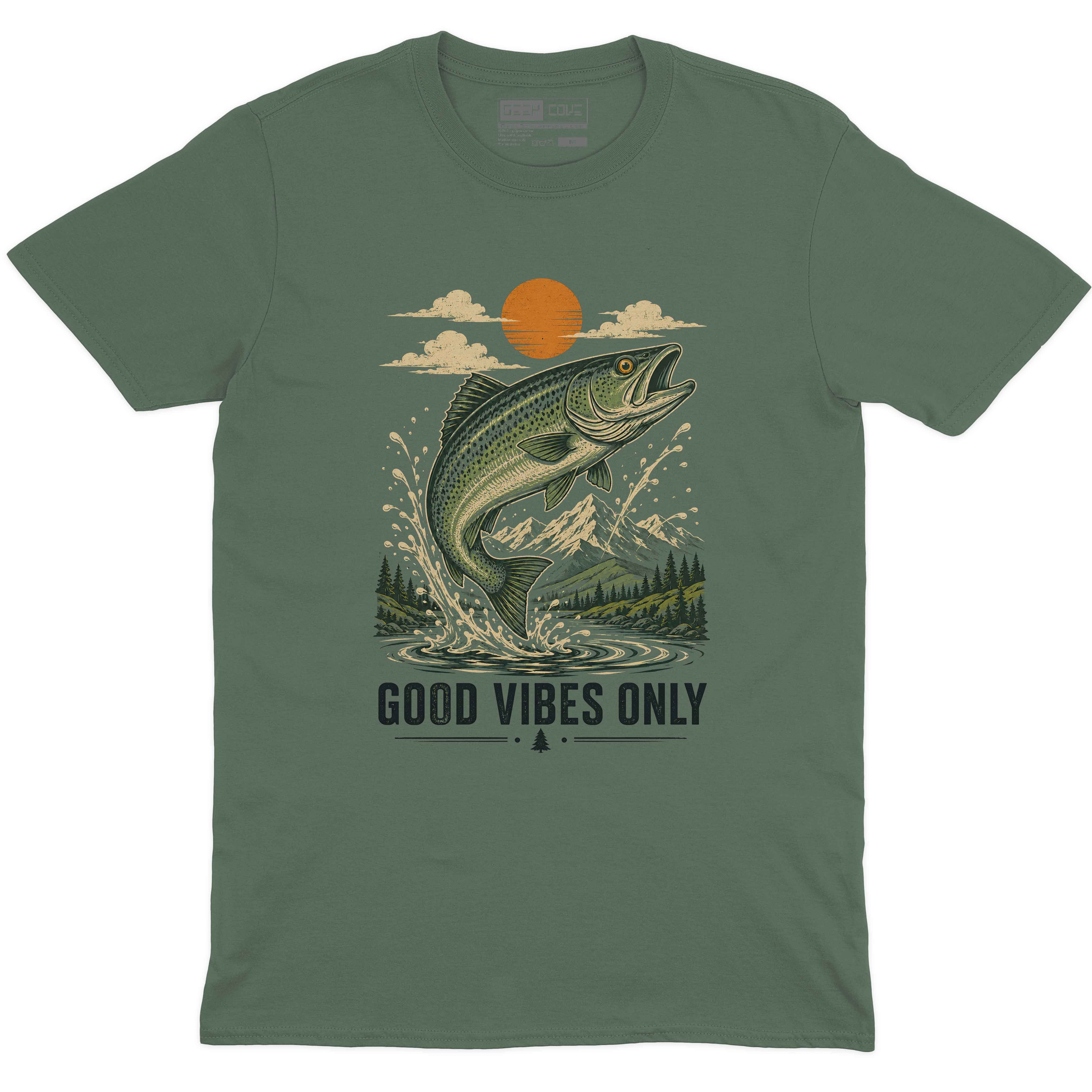 Mountain Bass Good Vibes men’s crew neck tee in military green with bass fishing mountain graphic
