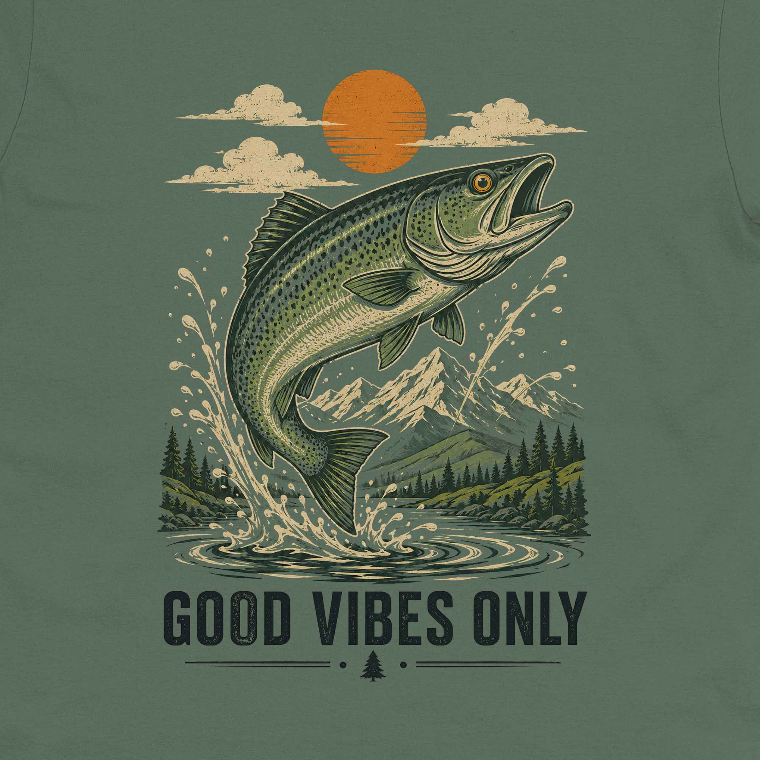 Close-up of Mountain Bass Good Vibes fishing artwork on military green crew neck tee