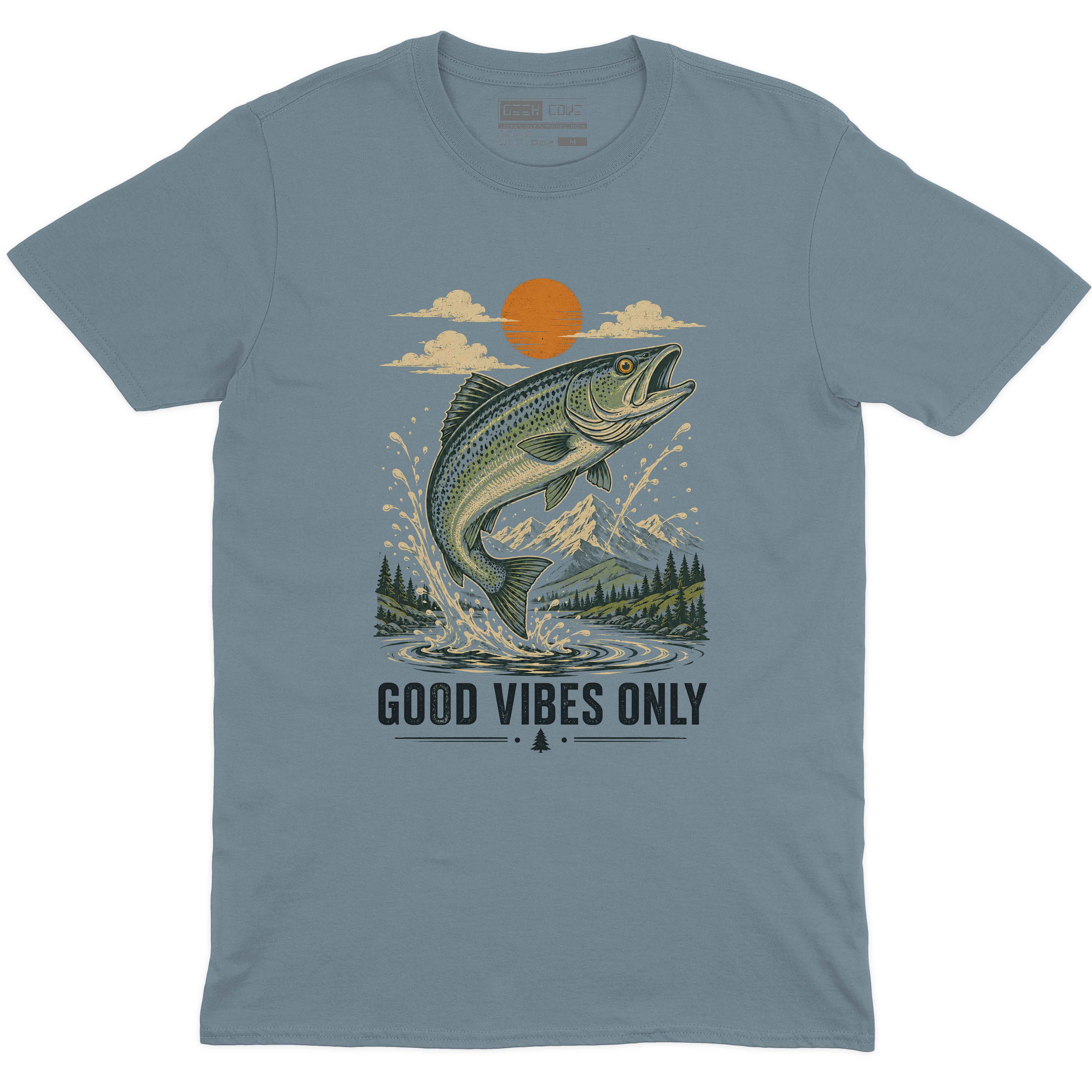Mountain Bass Good Vibes men’s crew neck tee in stone blue with bass and mountain design