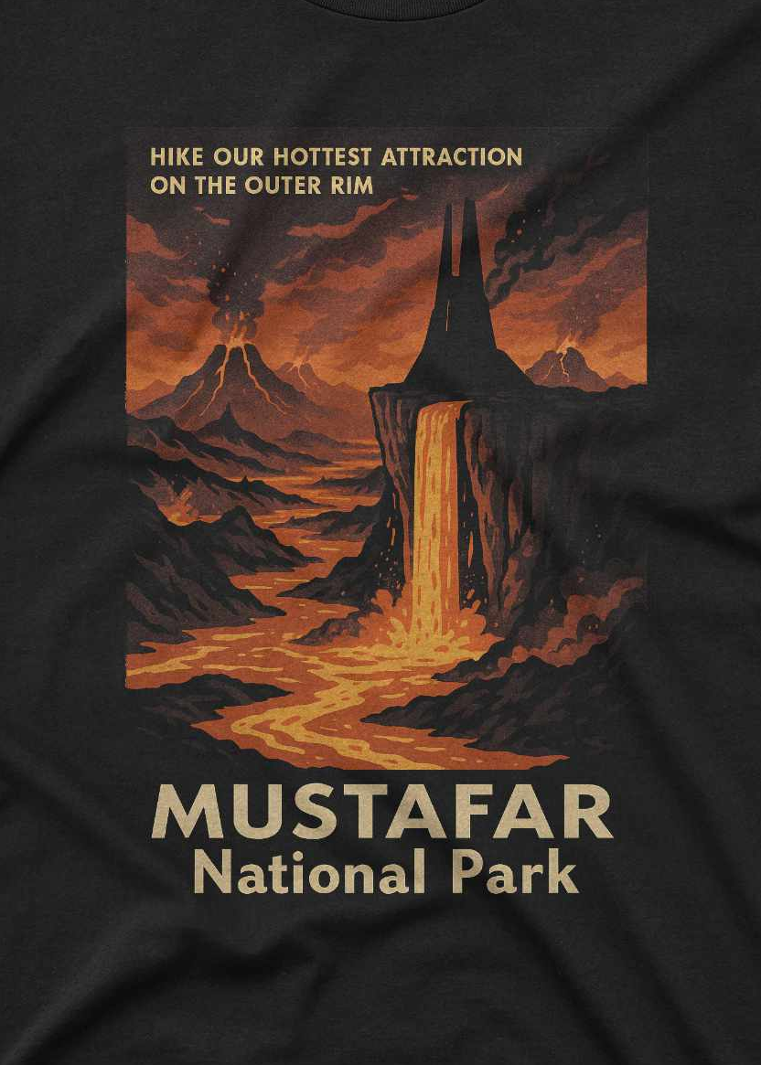 mustafar national park graphic tee featuring a lava planet inspired by sci-fi space adventures