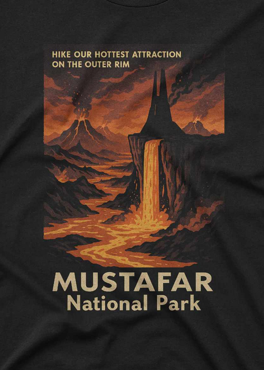 Mustafar National Park graphic tee featuring a lava planet inspired by sci-fi space adventures
