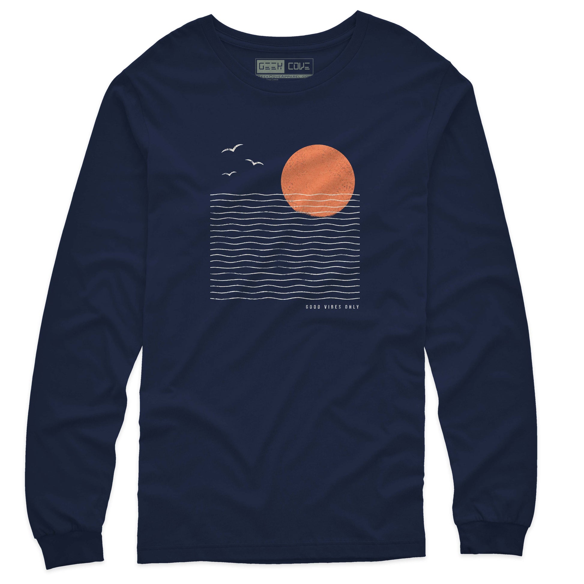 Men graphic tee featuring white wave lines, vintage sunset art, and coastal beach style