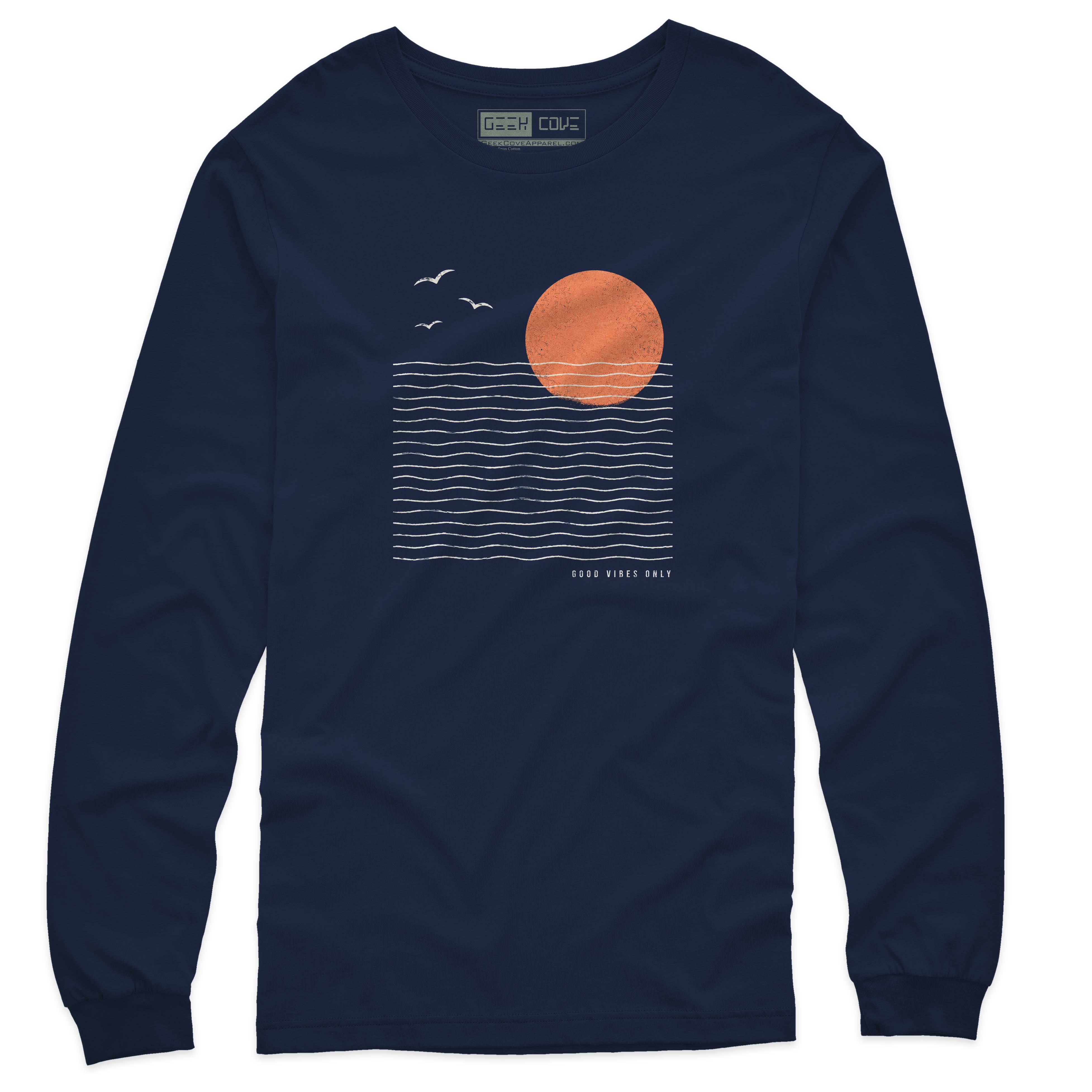 Men graphic tee featuring white wave lines, vintage sunset art, and coastal beach style
