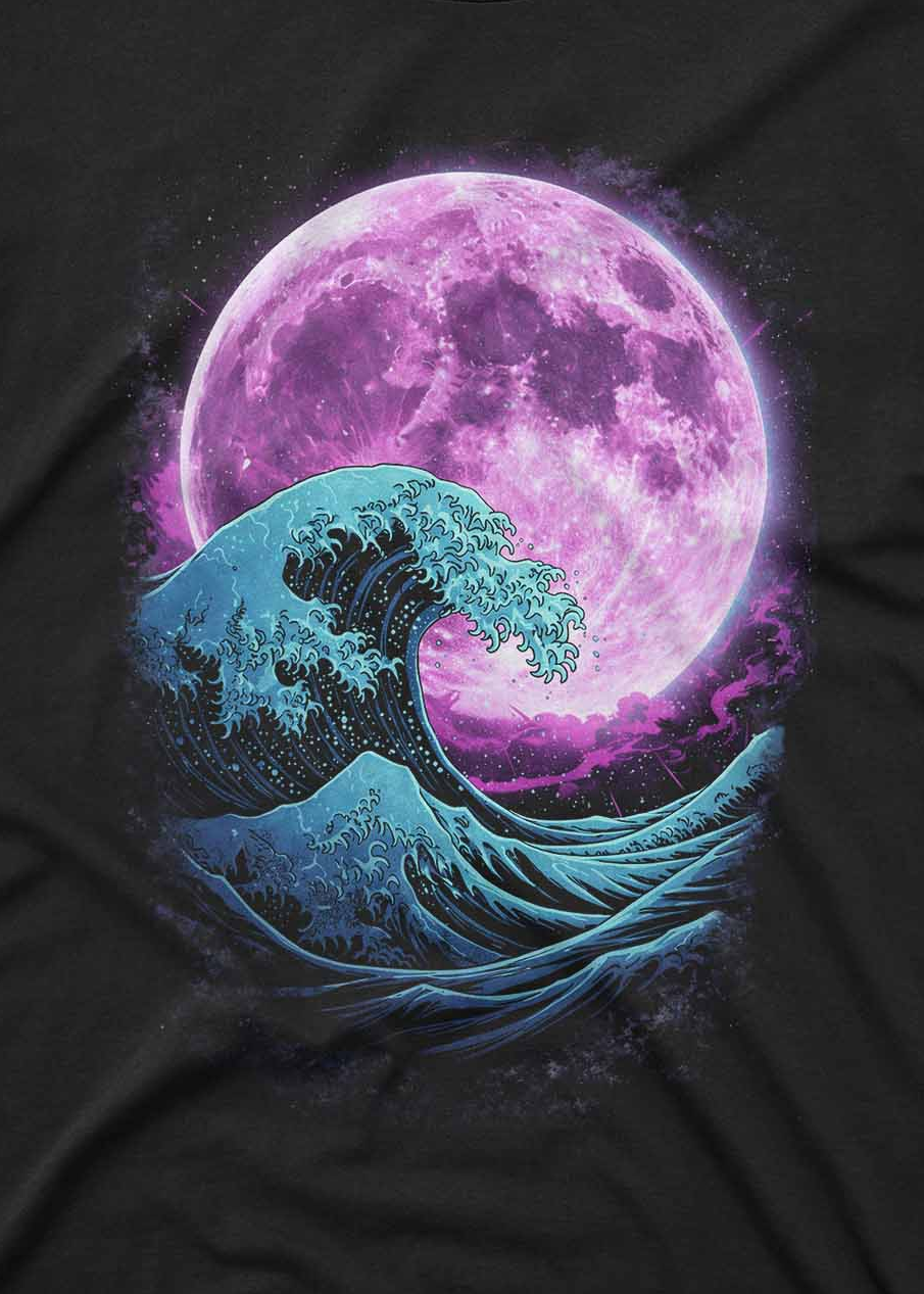 Japanese wave t shirt featuring purple moon night sky
