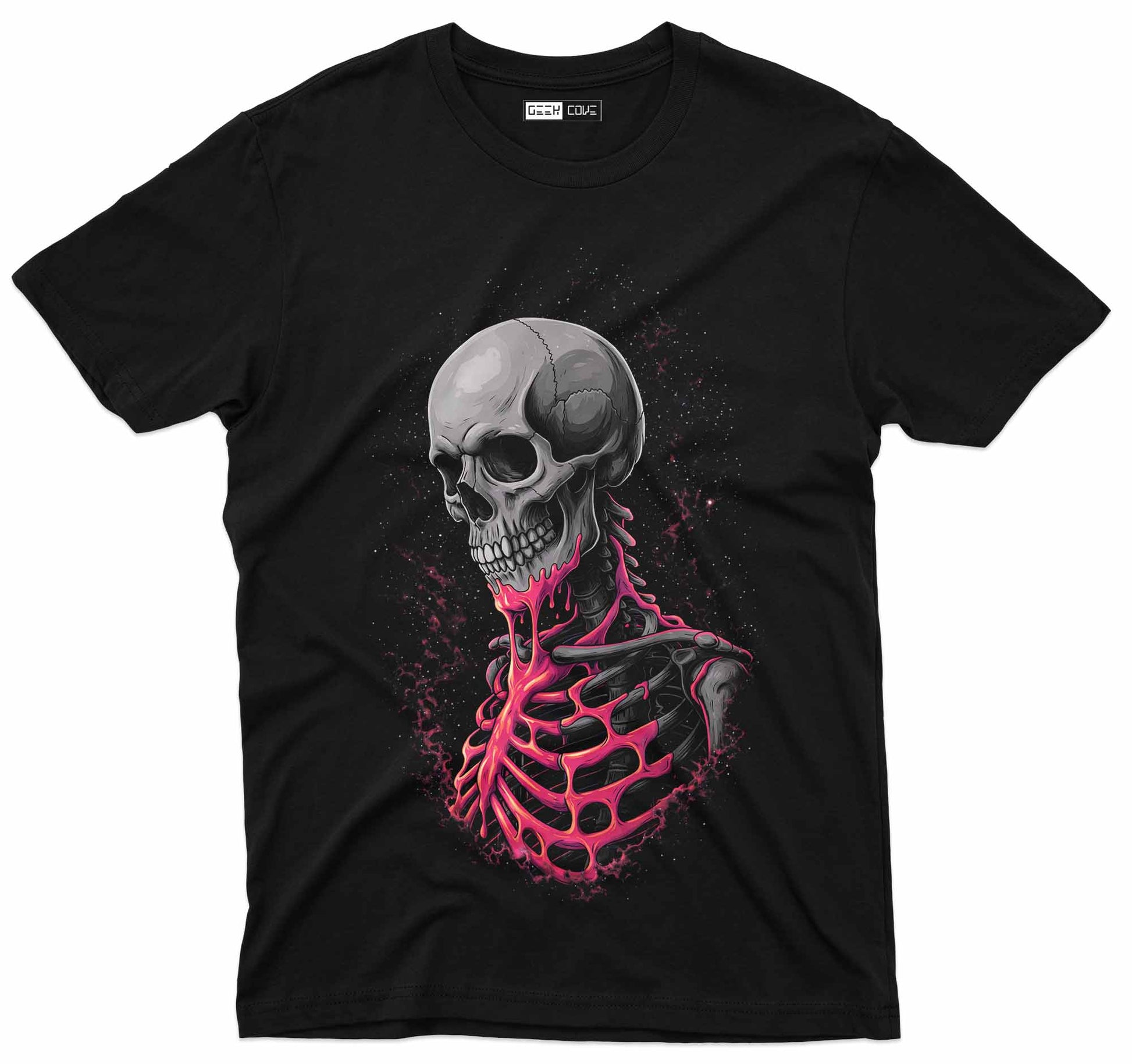 Neon skeleton graphic tee featuring glowing ribcage and skull artwork