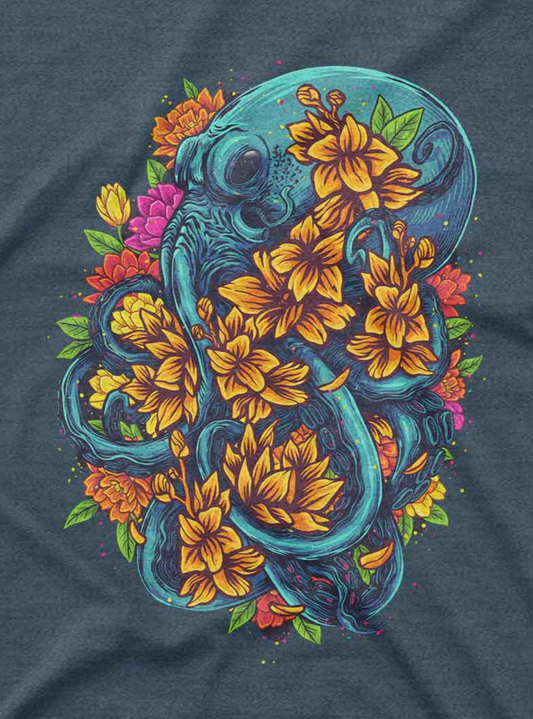Custom tee shirt featuring detailed octopus artwork with bright flowers